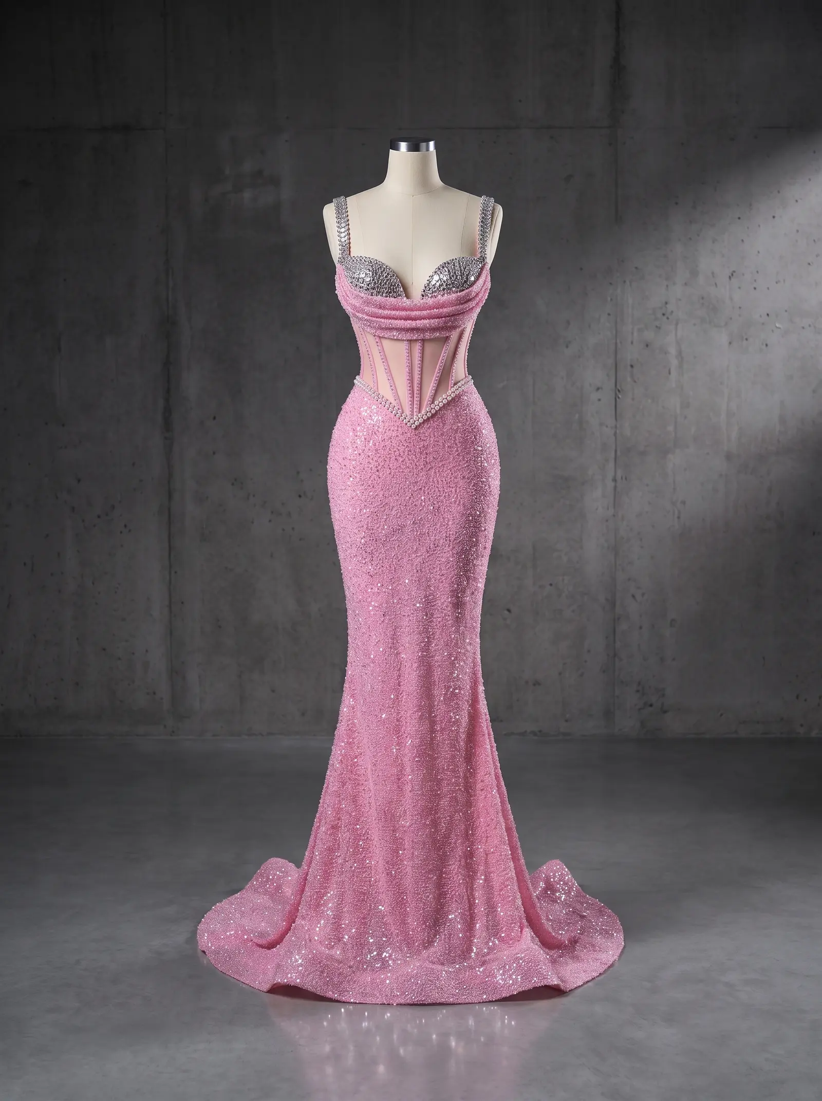 Candy pink Peony mermaid gown, mannequin