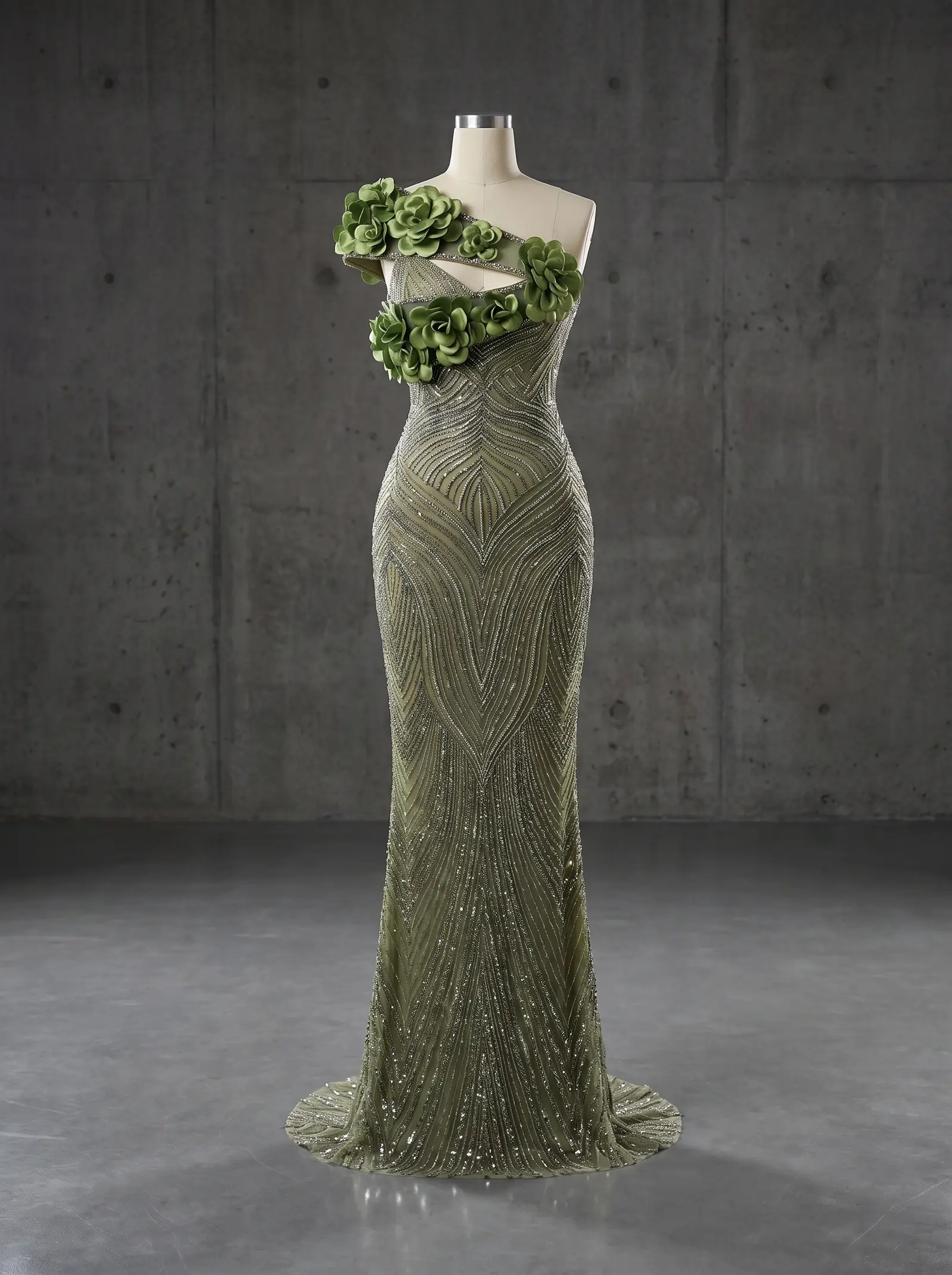 Sage and silver Trellis column gown, mannequin