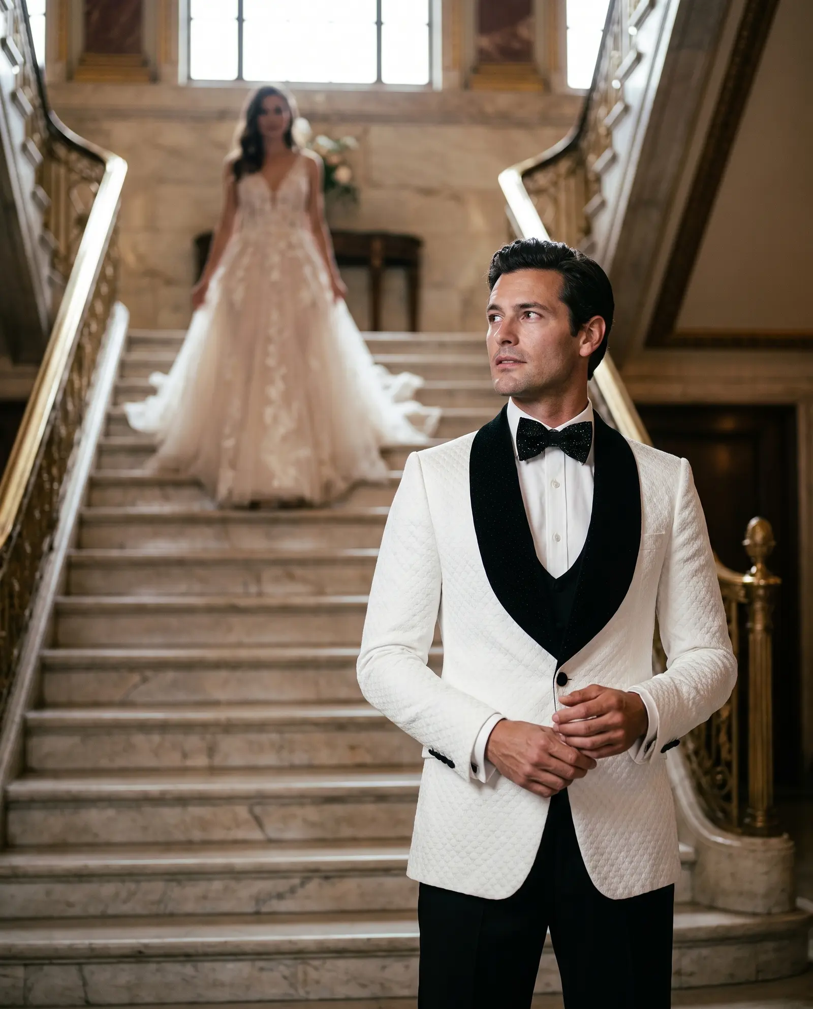 White quilted Genoa three piece tuxedo
