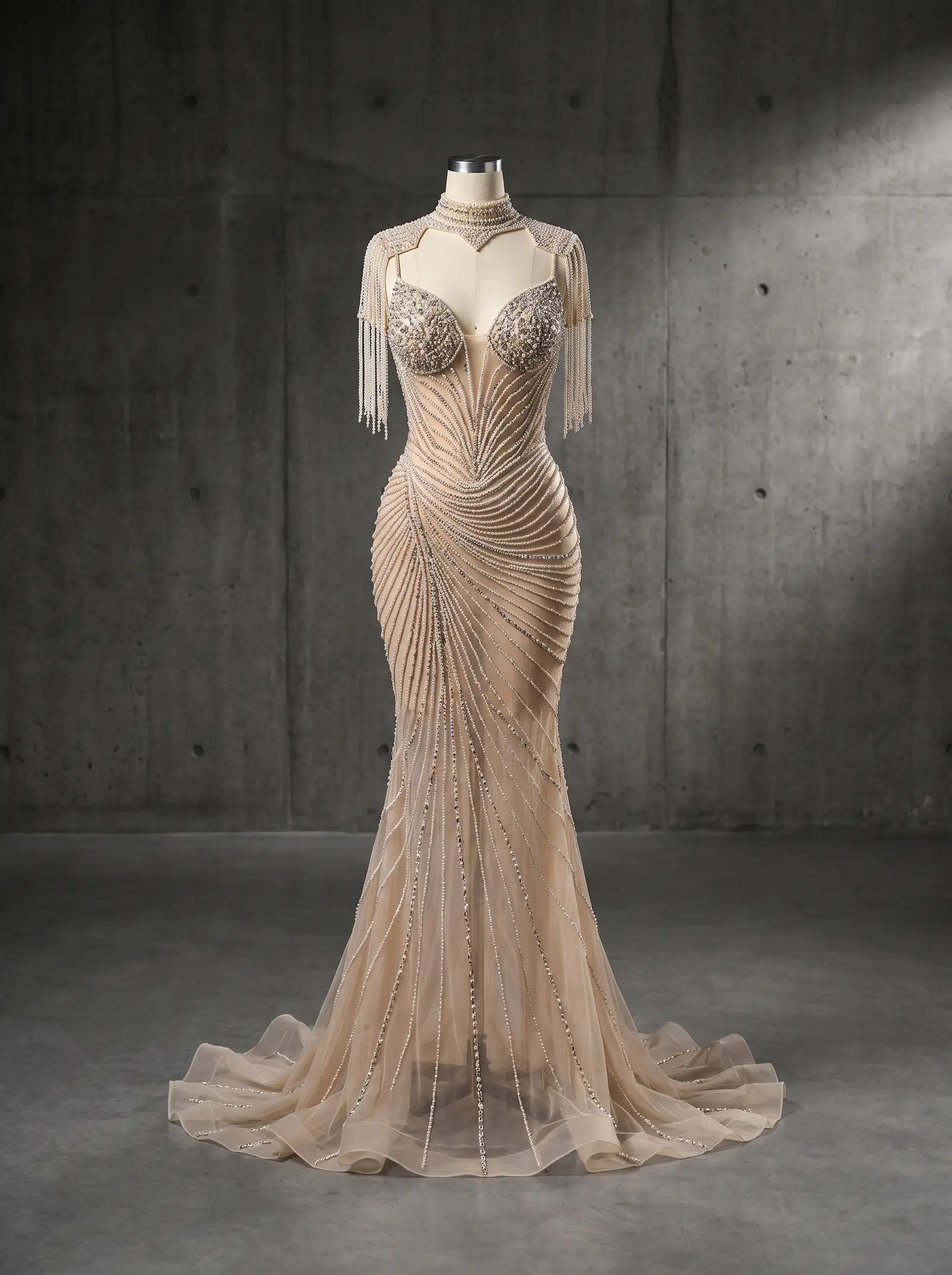 Champagne Jubilee mermaid gown, mannequin