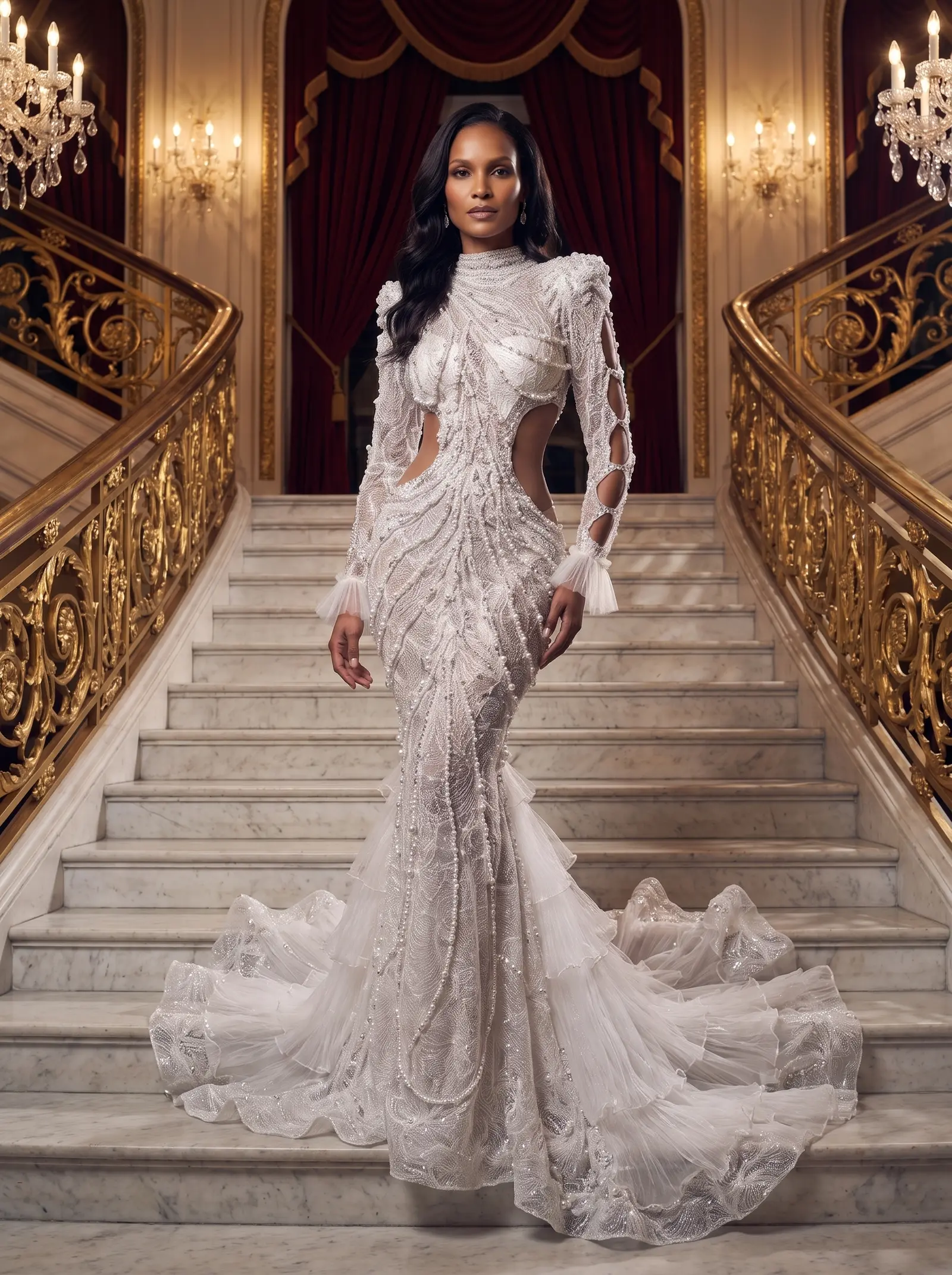 Ivory pearl Coronation mermaid gown occasion photograph