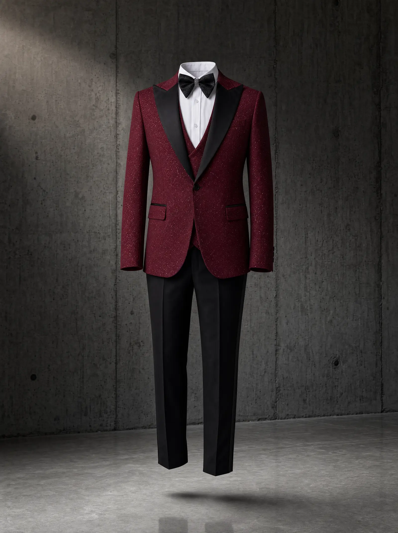 Wine jacquard Marlowe three piece tuxedo