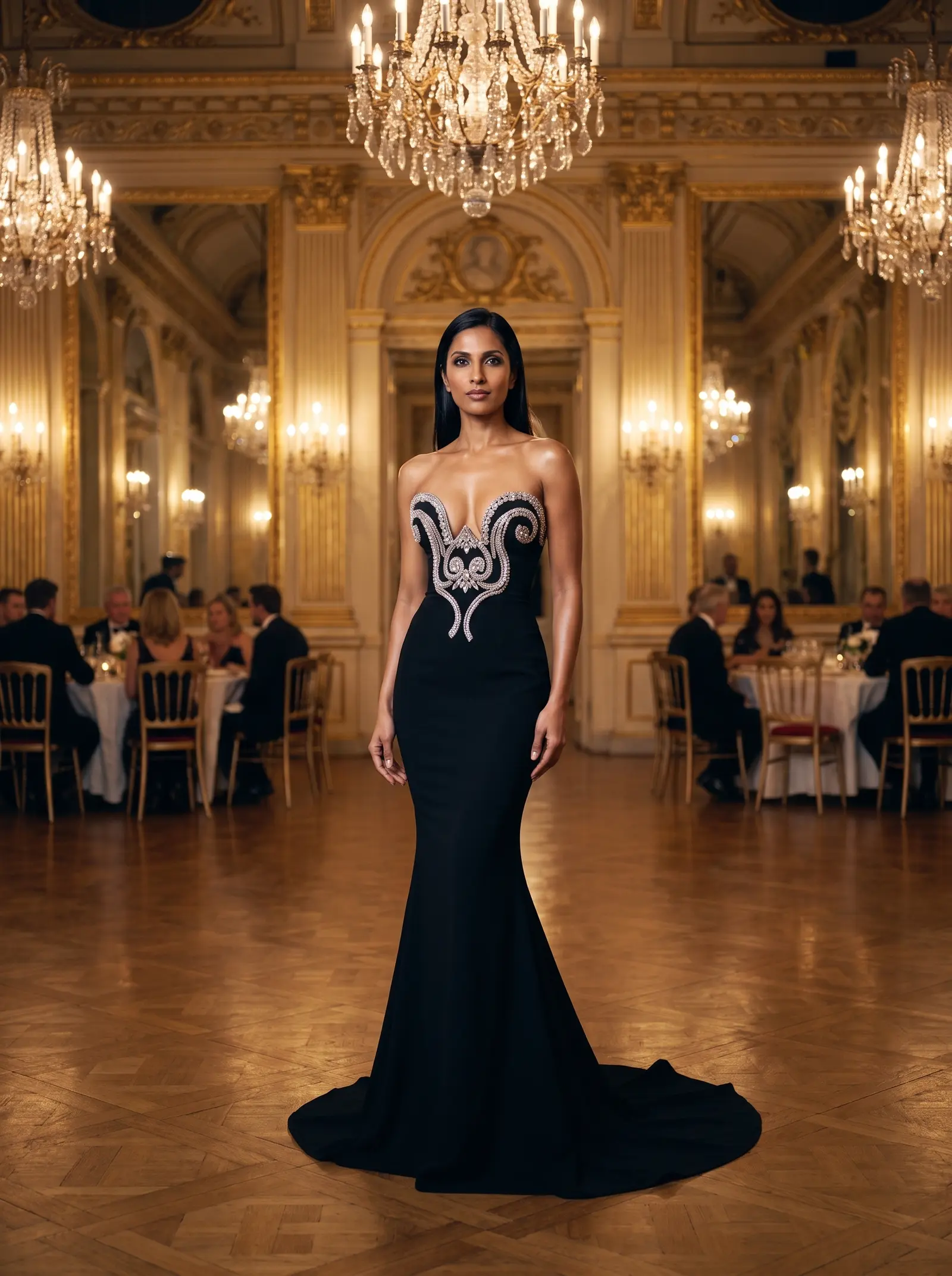 Black Filigree mermaid gown occasion photograph
