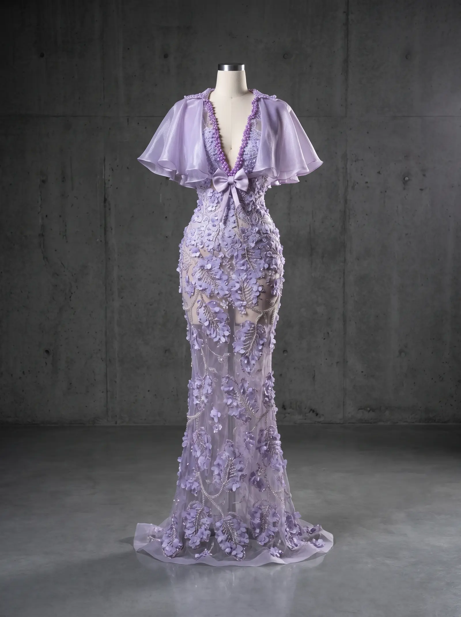 Lavender Sonnet column gown, mannequin