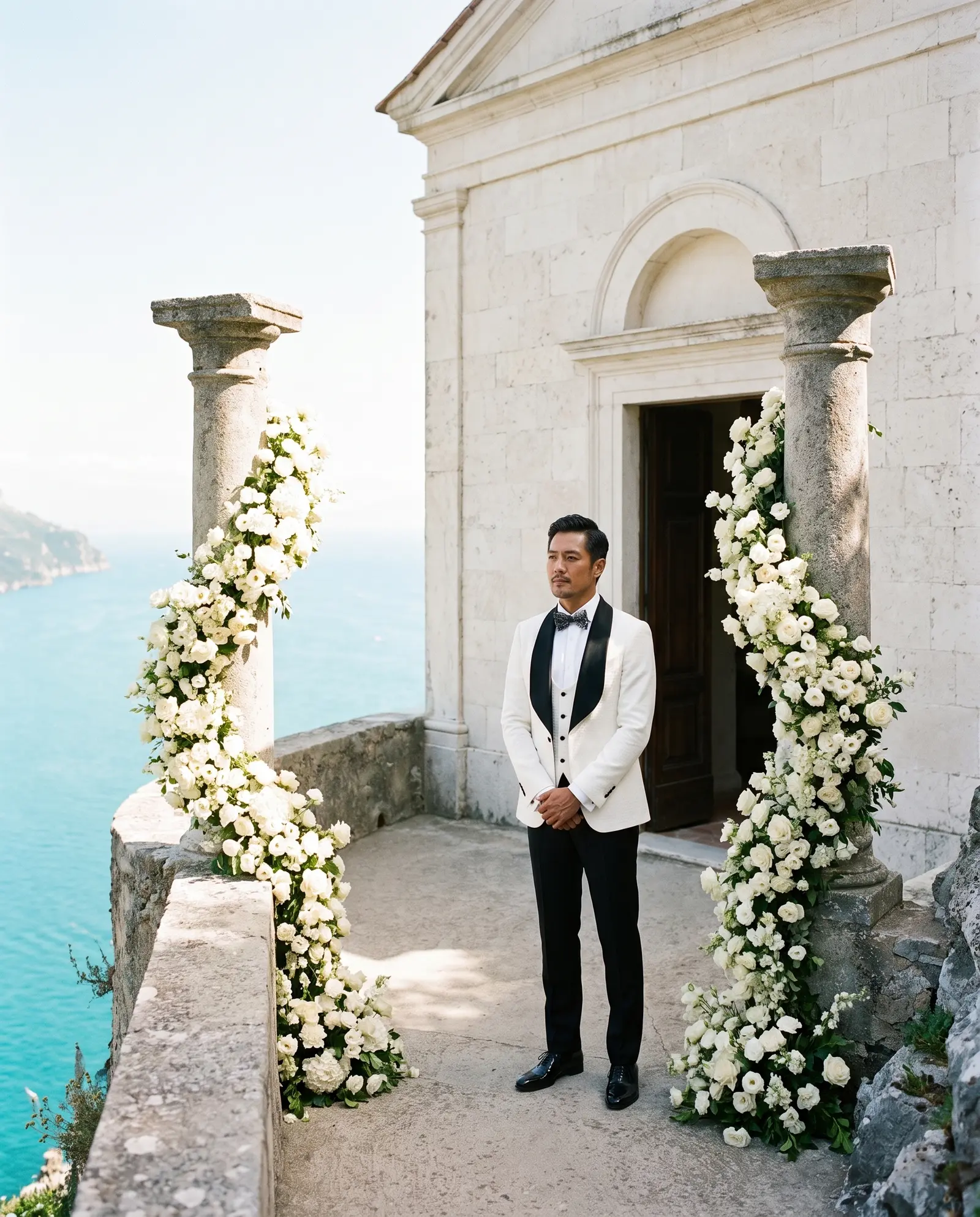 White quilted Como three piece tuxedo occasion photograph