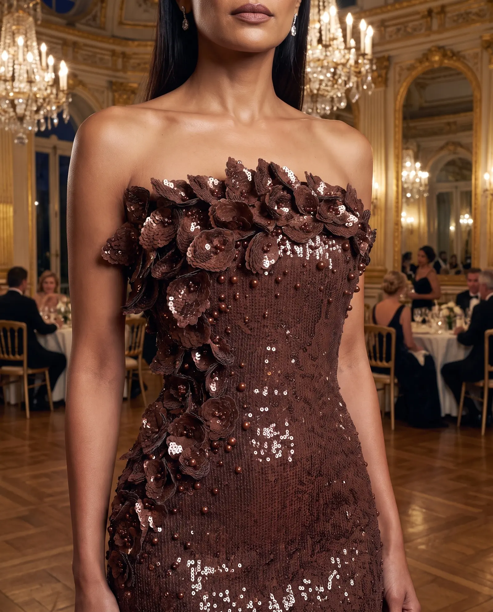 Chocolate Cascade column gown occasion photograph