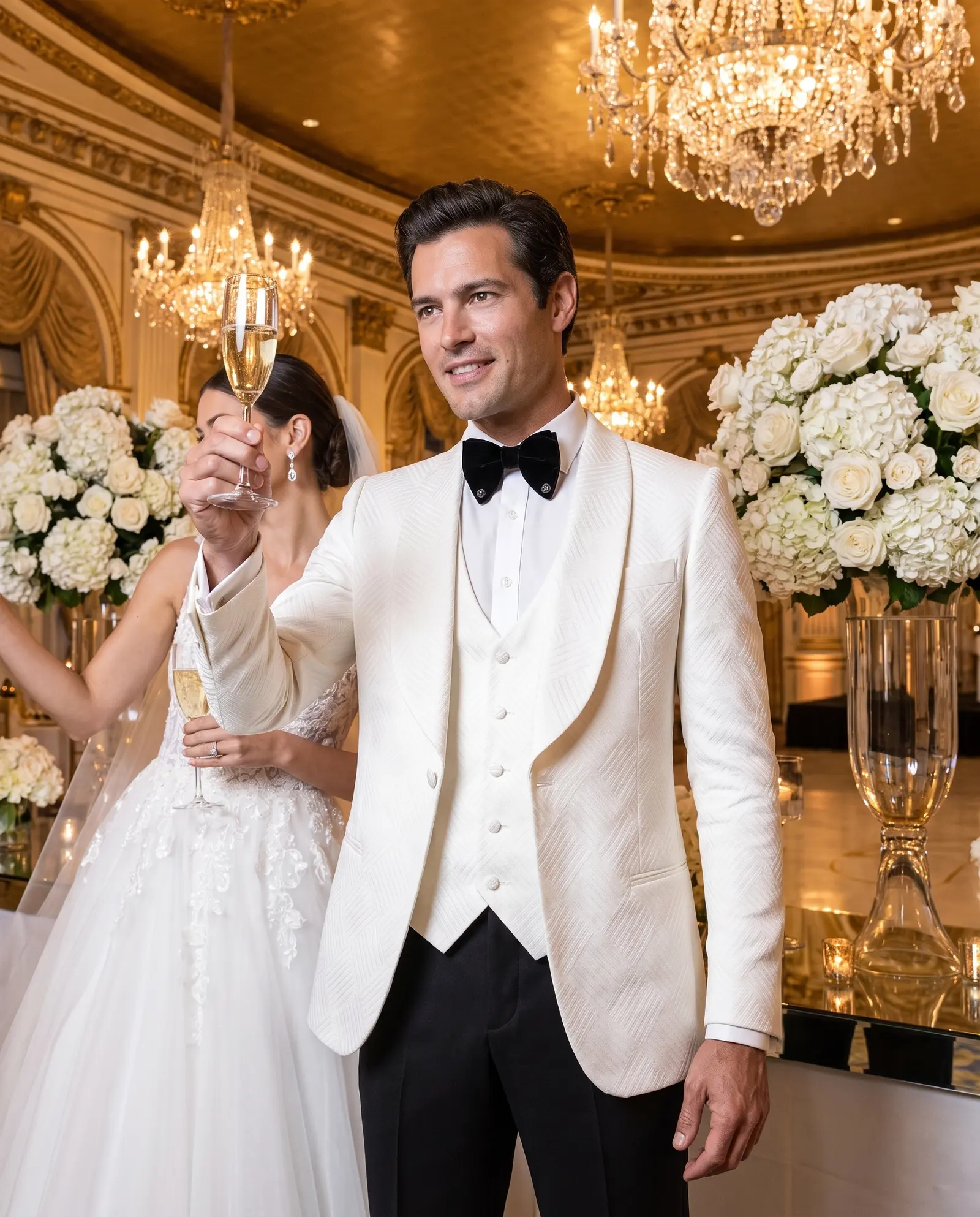 White geometric jacquard Cortona three piece tuxedo