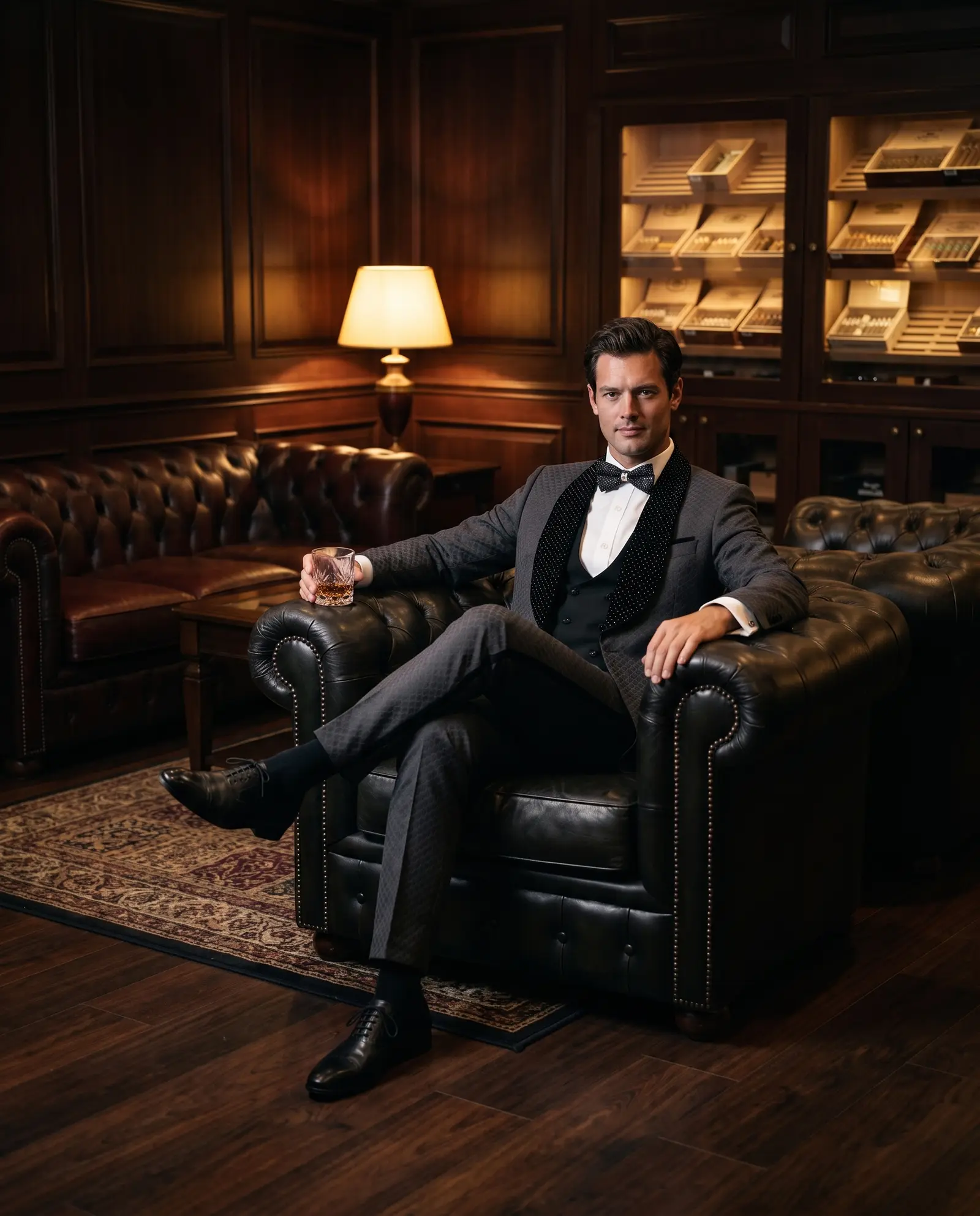 Charcoal quilted Ascot three piece tuxedo occasion photograph