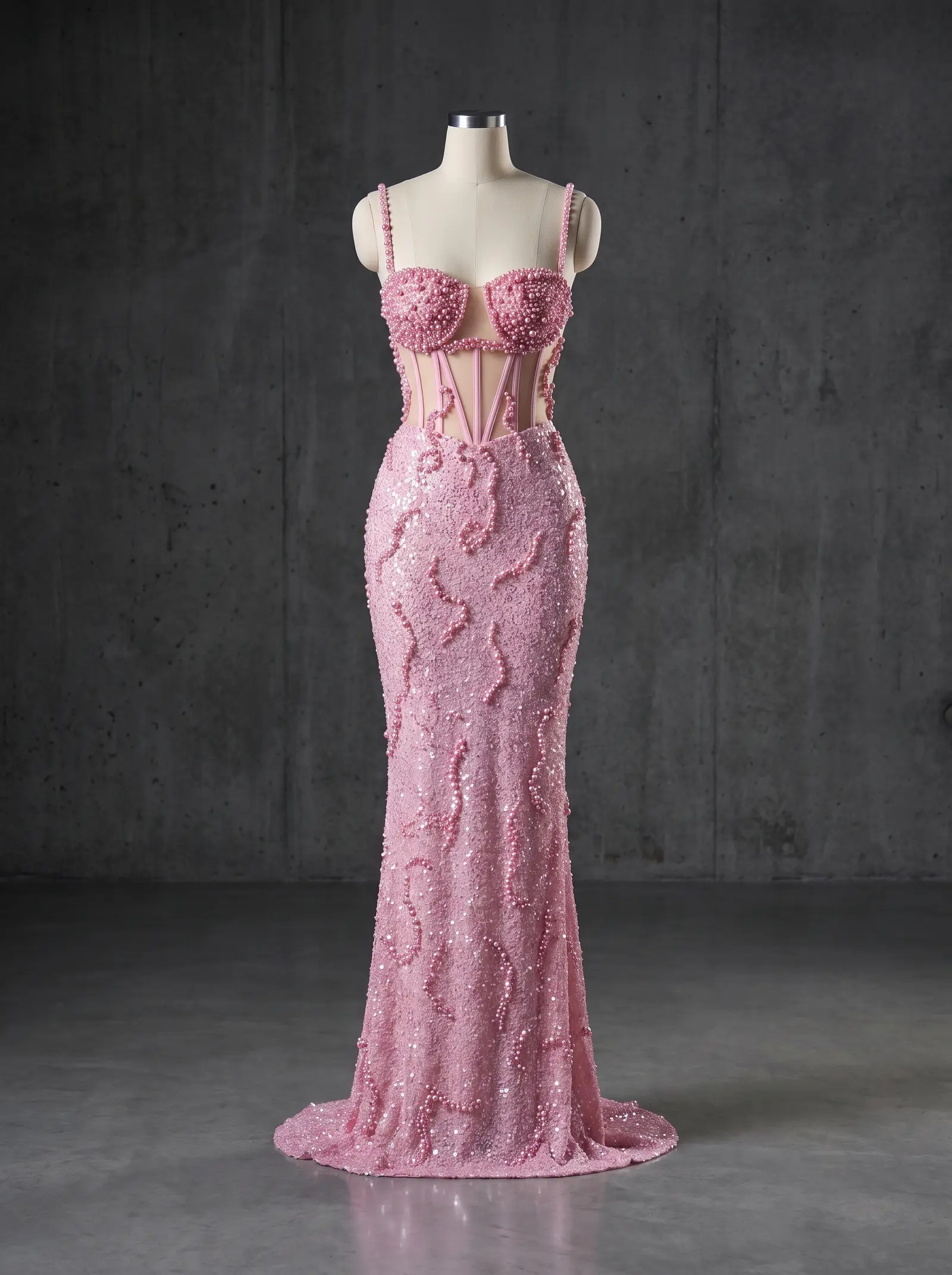Baby pink Cameo column gown, mannequin