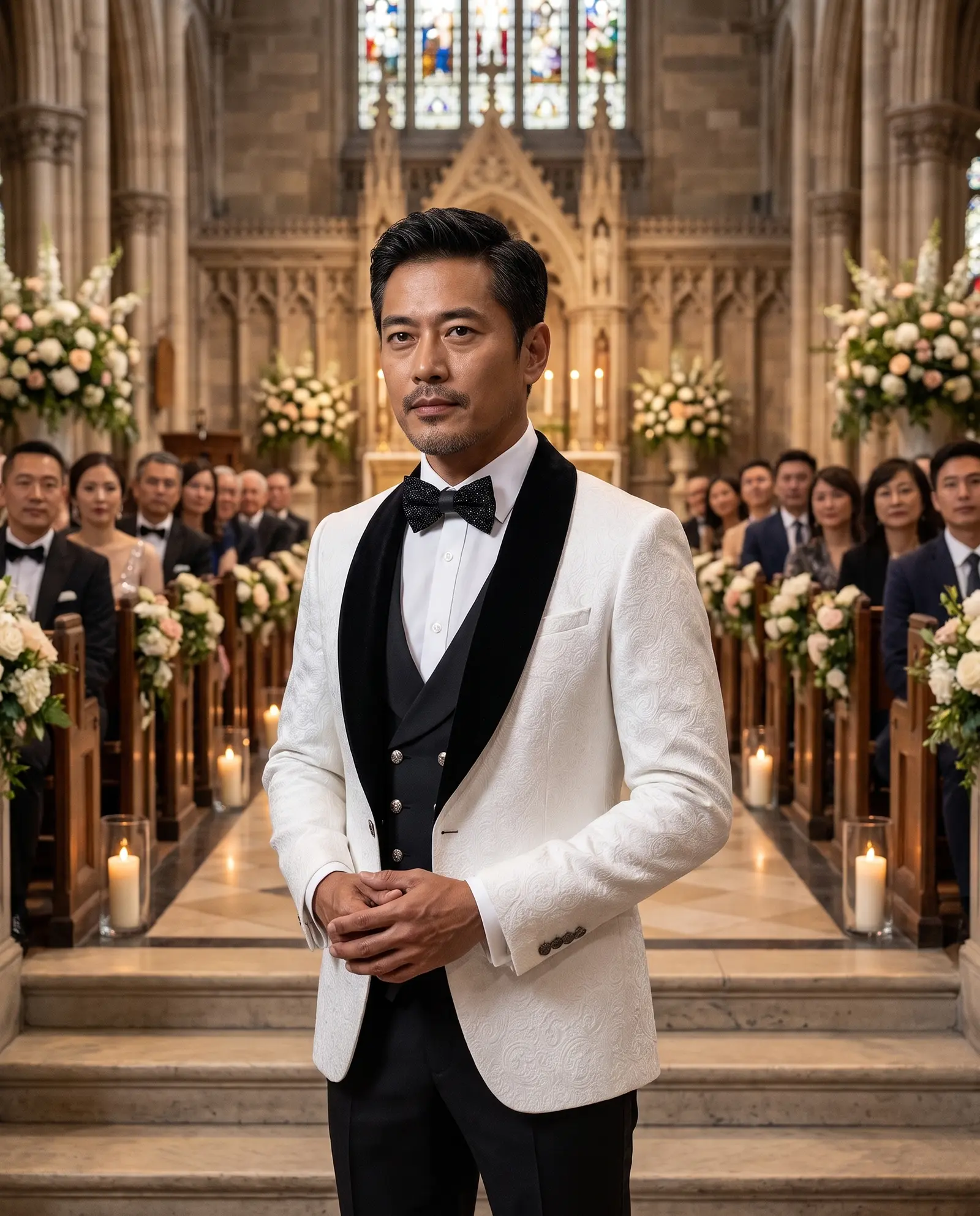White jacquard Taormina three piece tuxedo