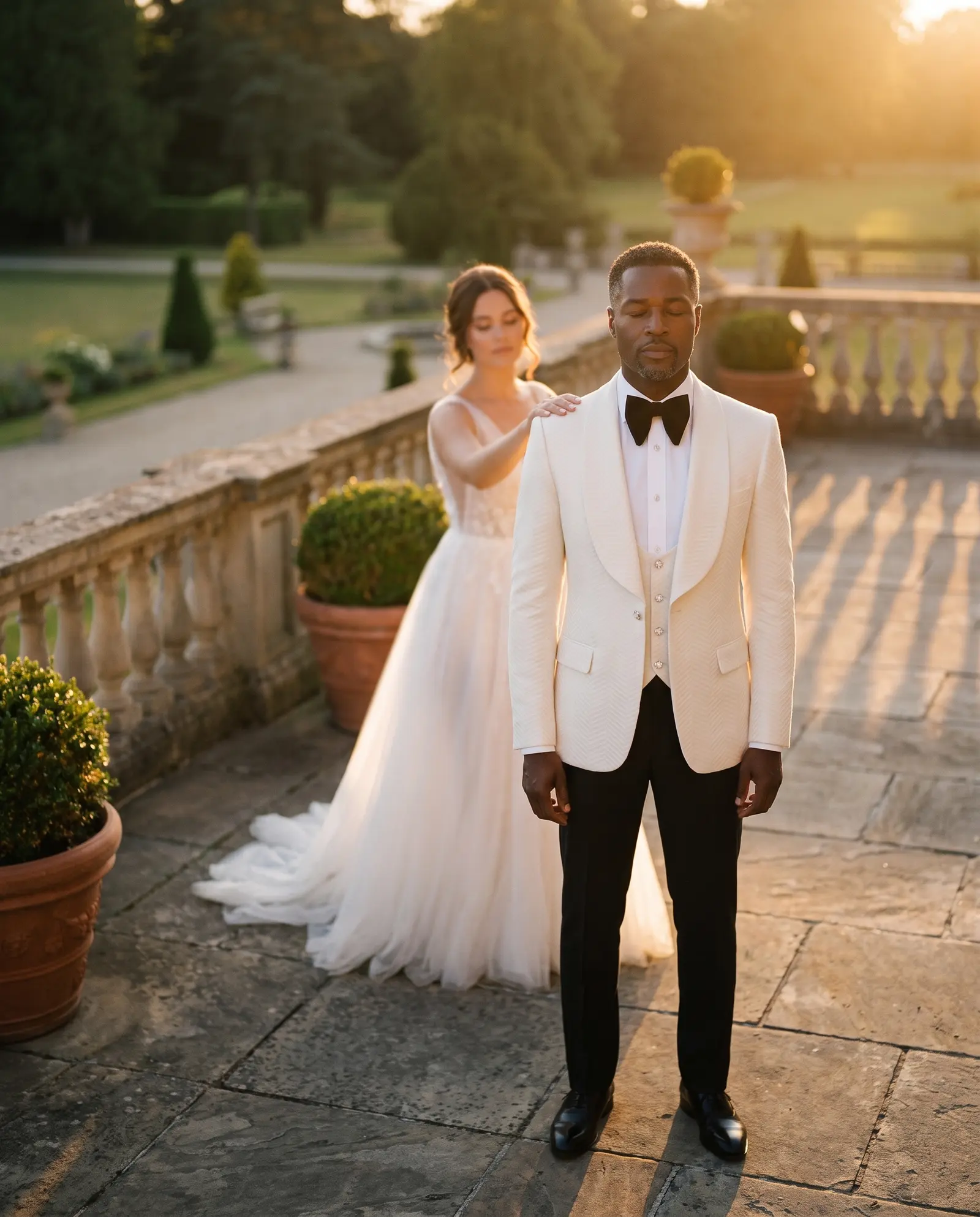 White chevron Stresa three piece tuxedo occasion photograph