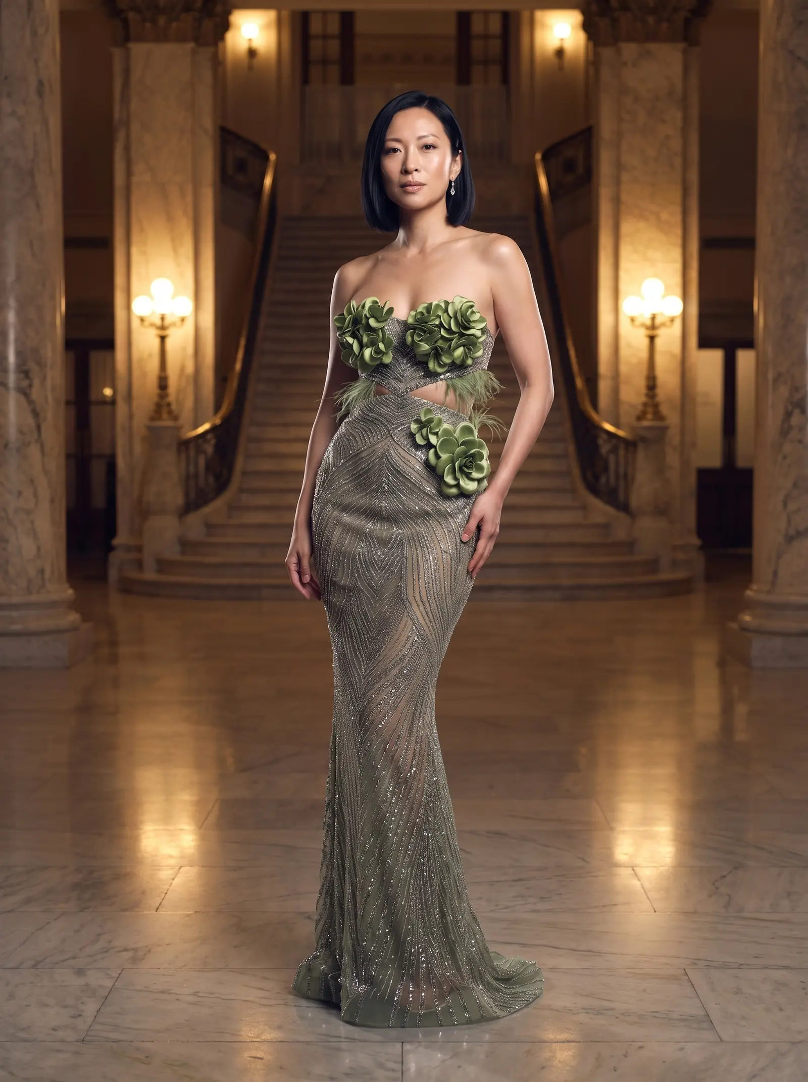 Sage and silver Bloom mermaid gown occasion photograph