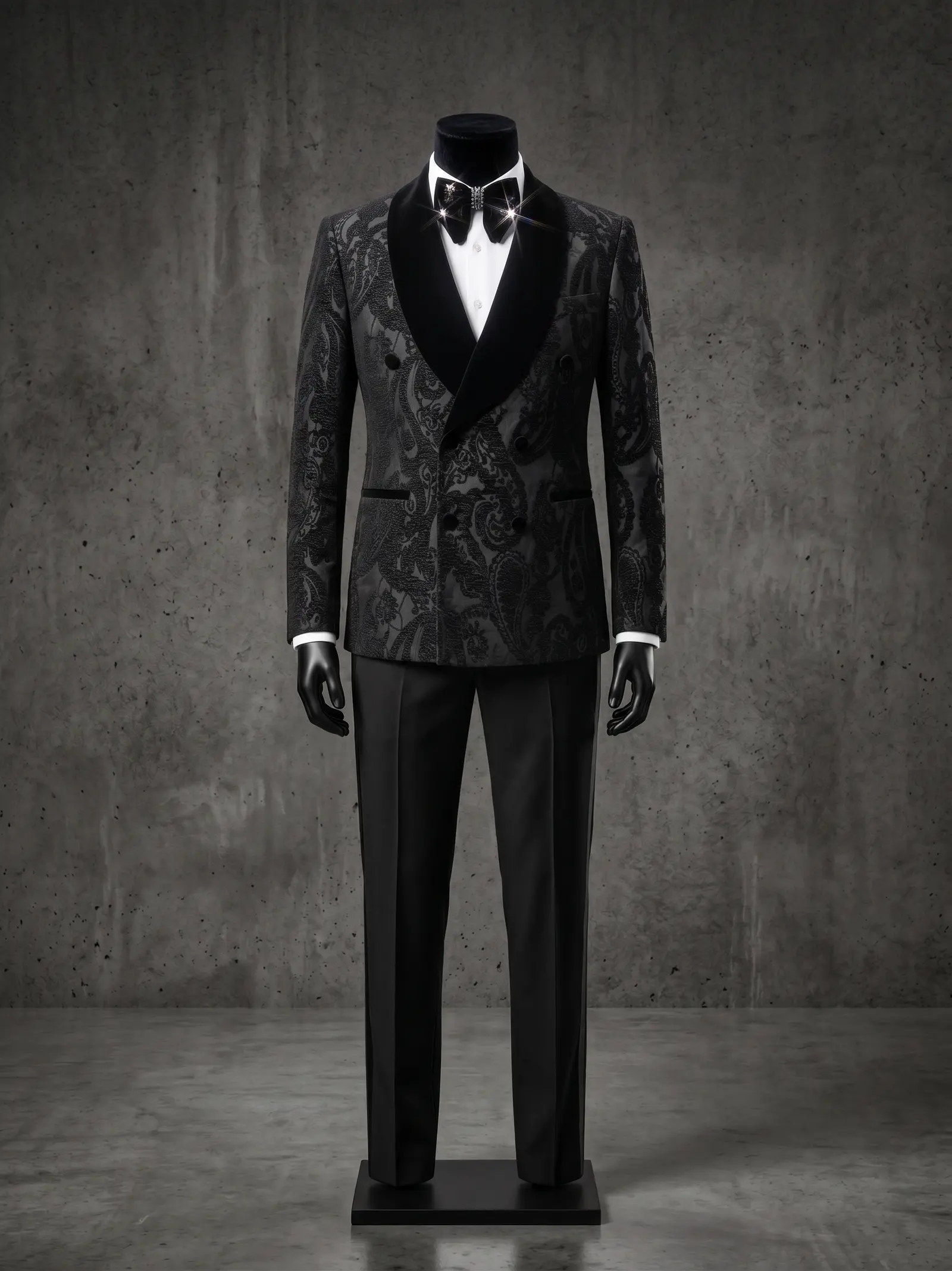 Black paisley jacquard Medici three piece tuxedo