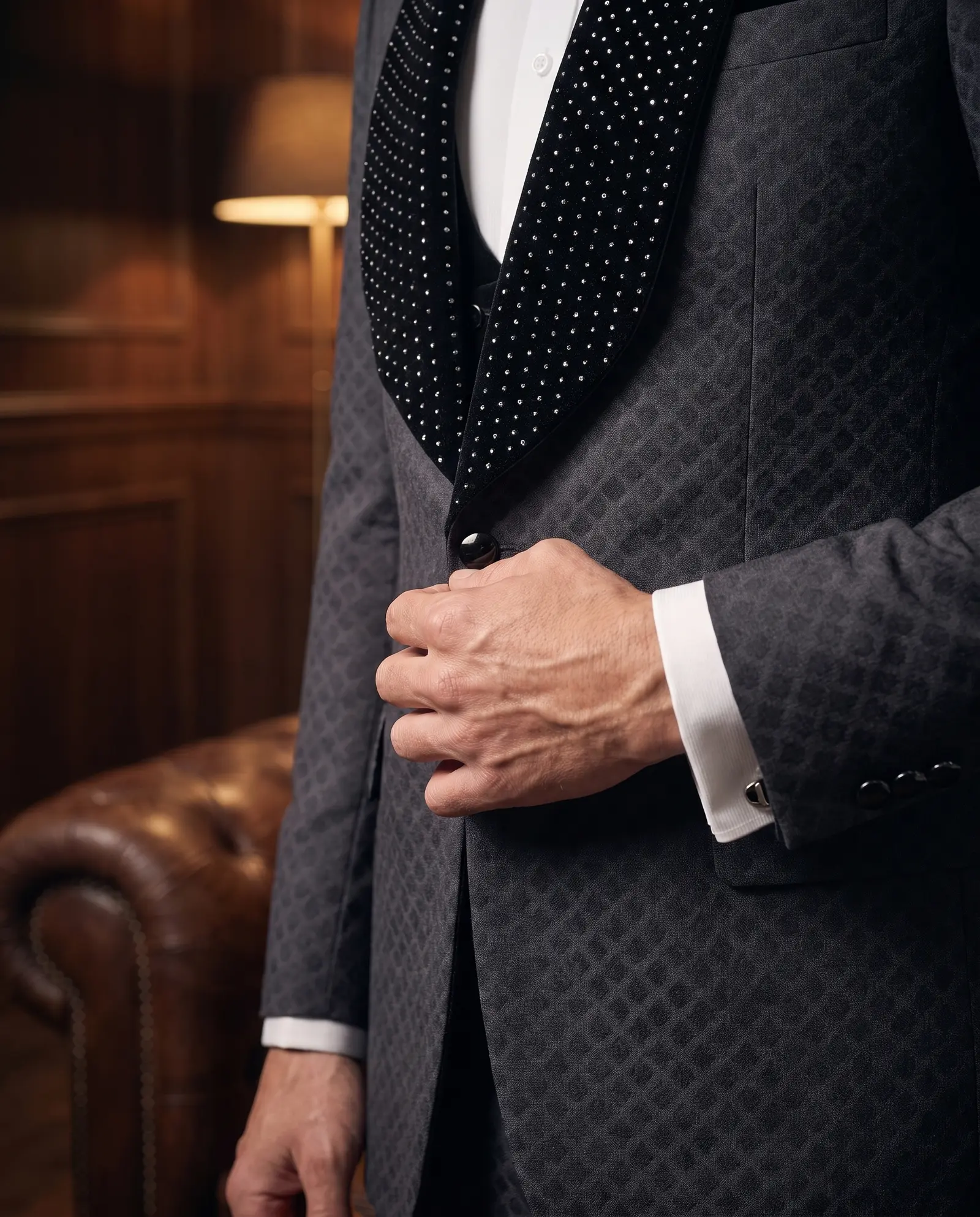 Charcoal quilted Ascot three piece tuxedo occasion photograph