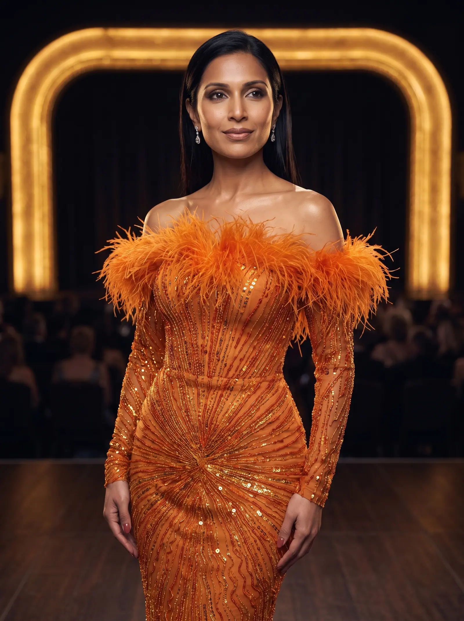 Burnt orange Blaze column gown occasion photograph