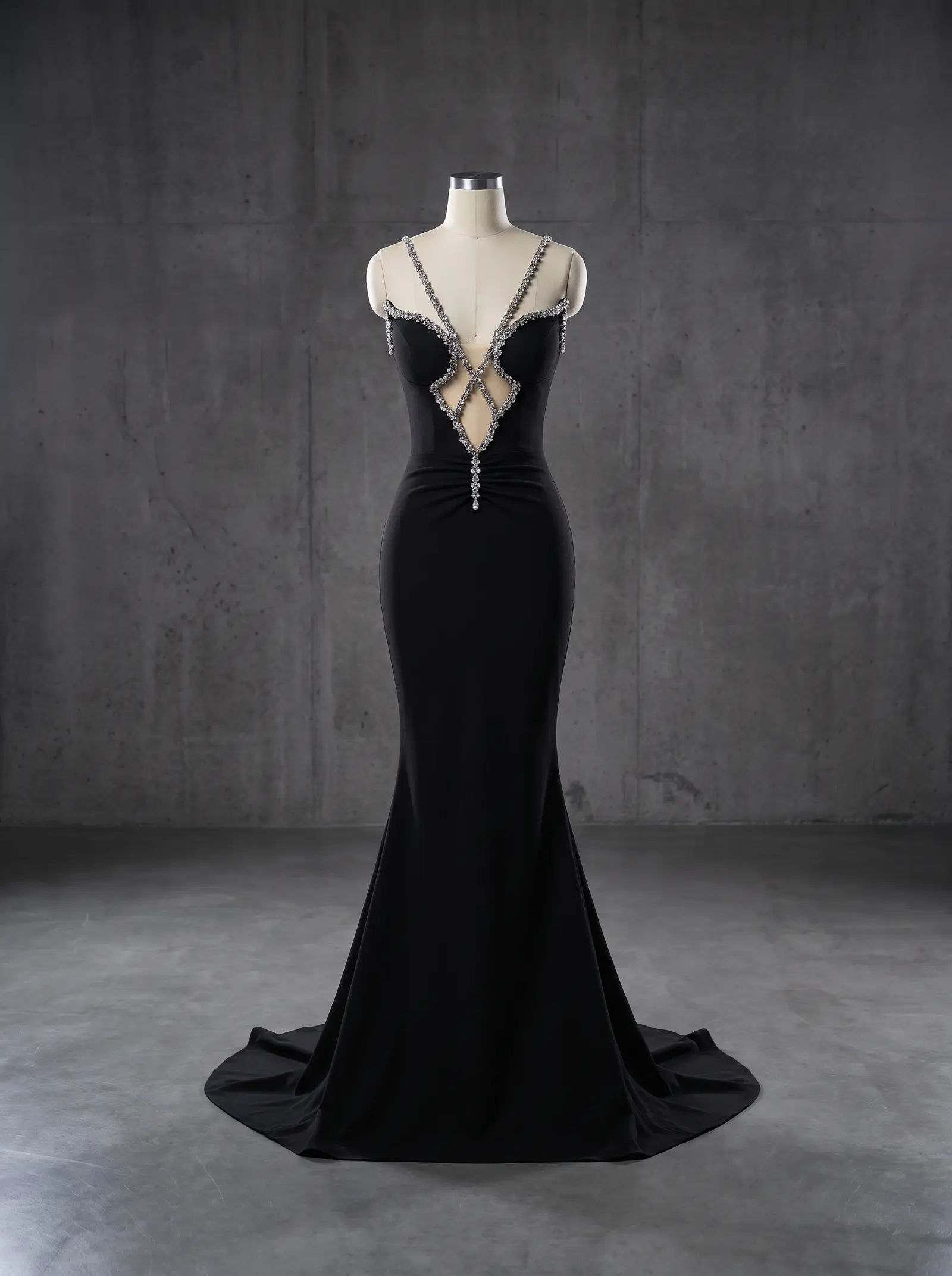 Black Monarch mermaid gown, mannequin