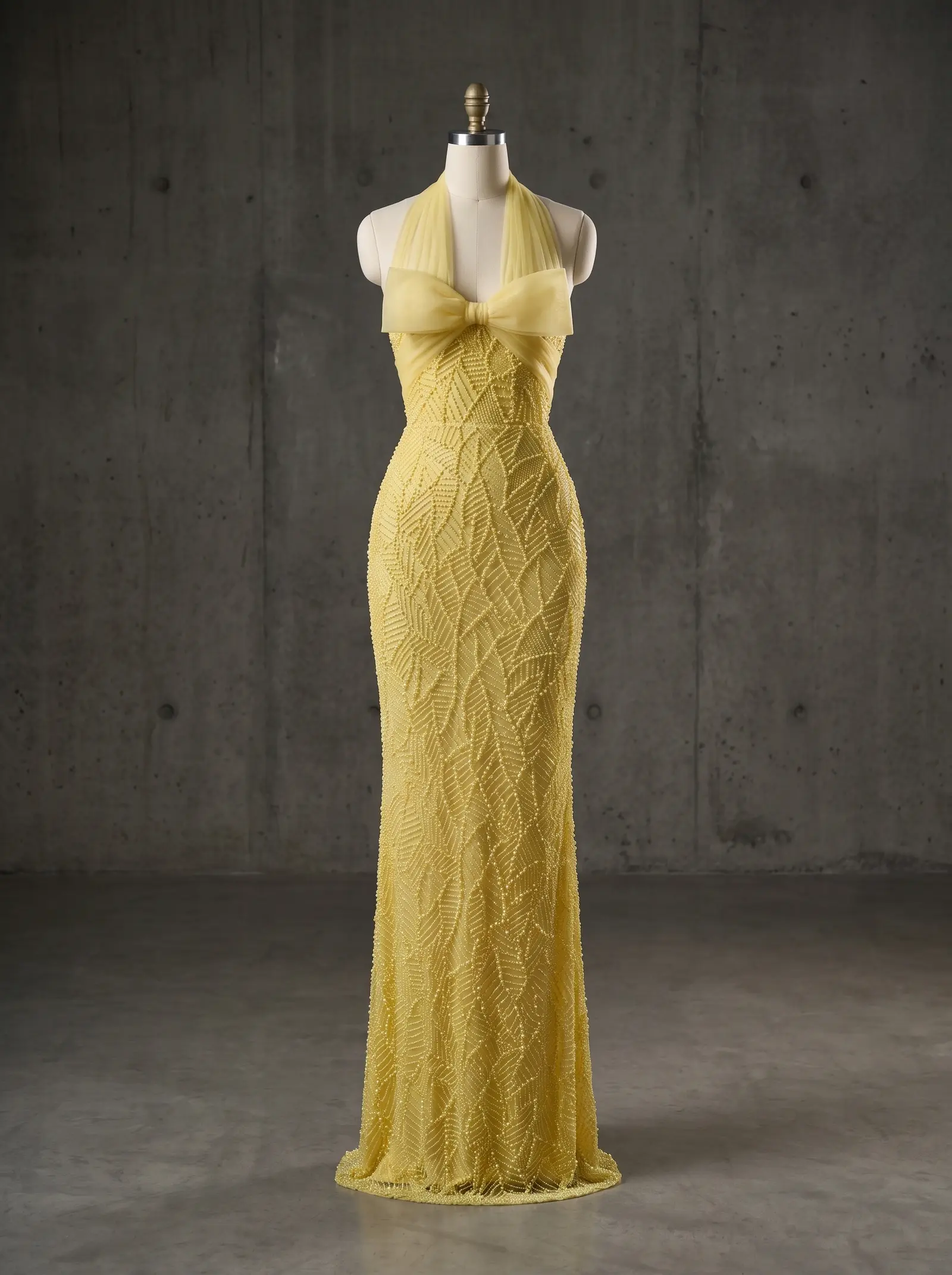 Butter yellow Honey column gown, mannequin