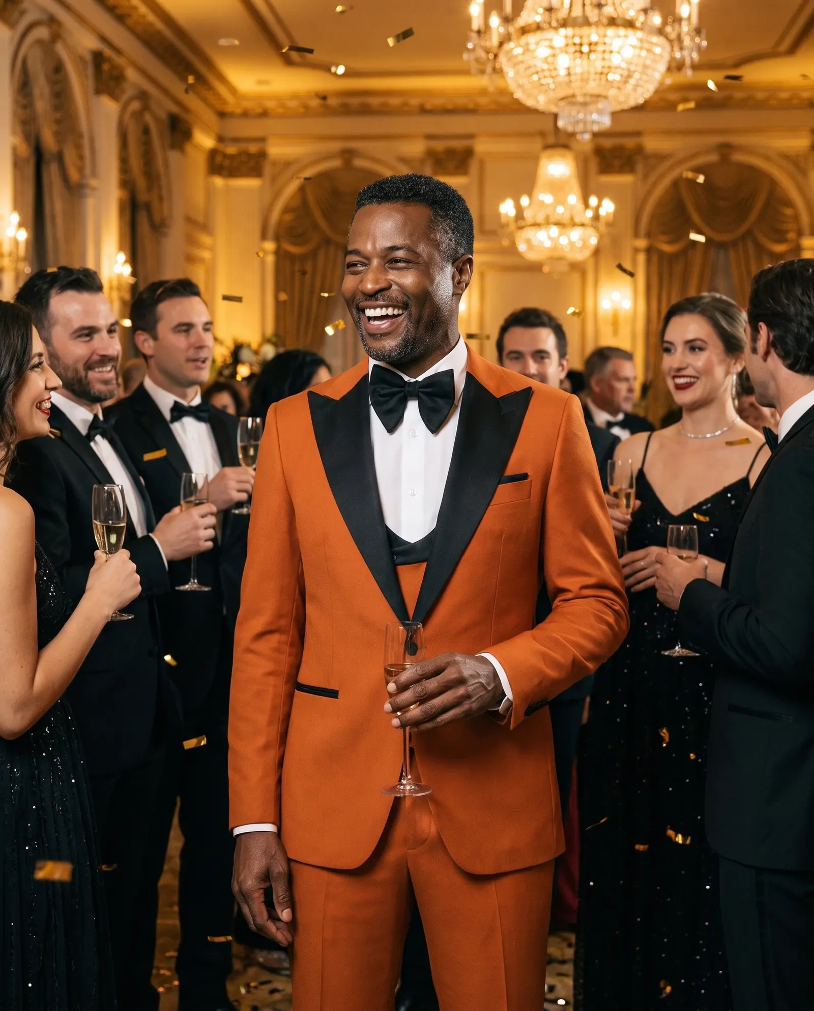 Burnt orange Tangier three piece tuxedo occasion photograph