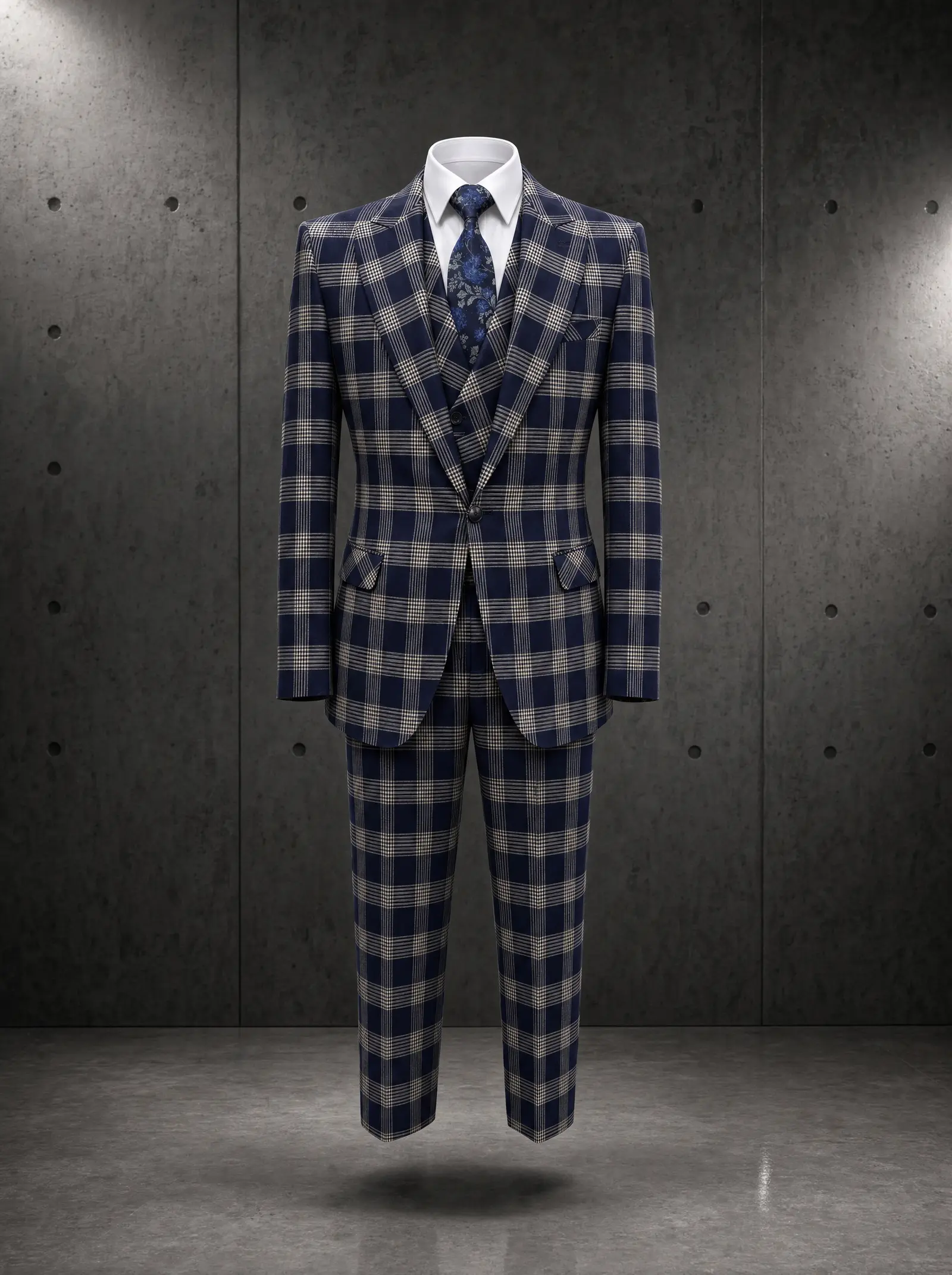 Navy and white plaid Boaz three piece suit, ghost