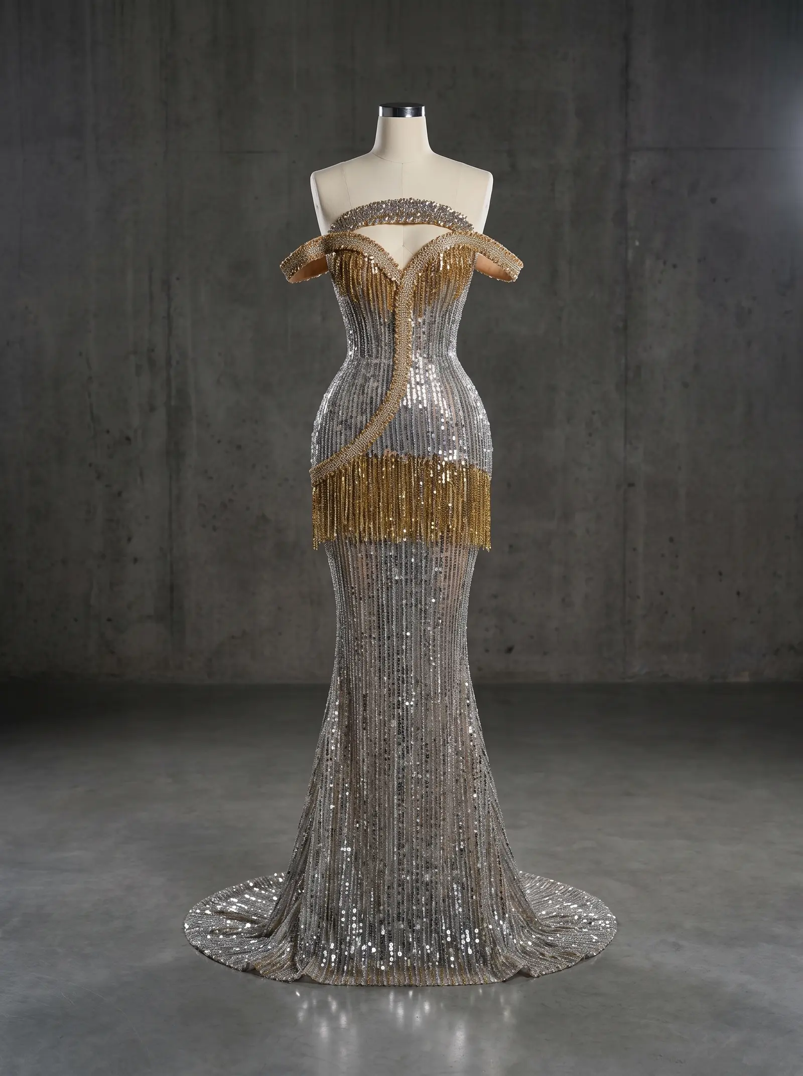 Silver and gold Meridian mermaid gown, mannequin