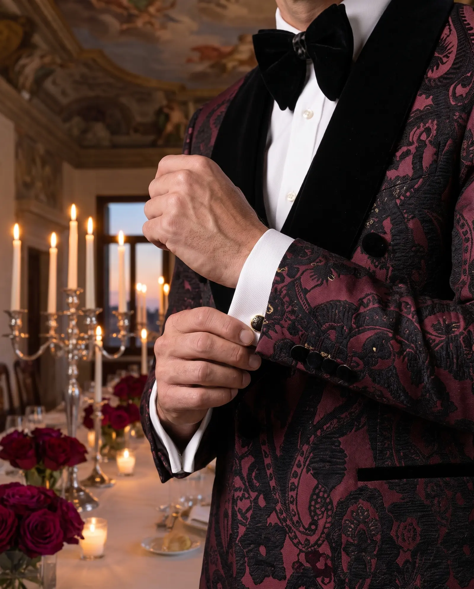 Wine paisley jacquard Medici three piece tuxedo occasion photograph