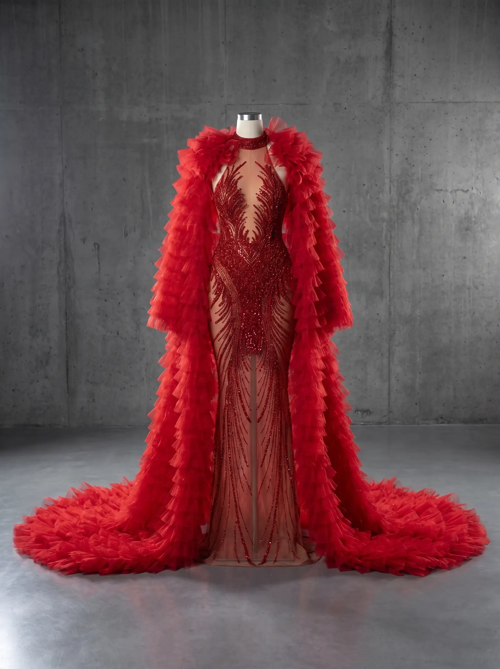 Deep red Ember gown and cape, mannequin