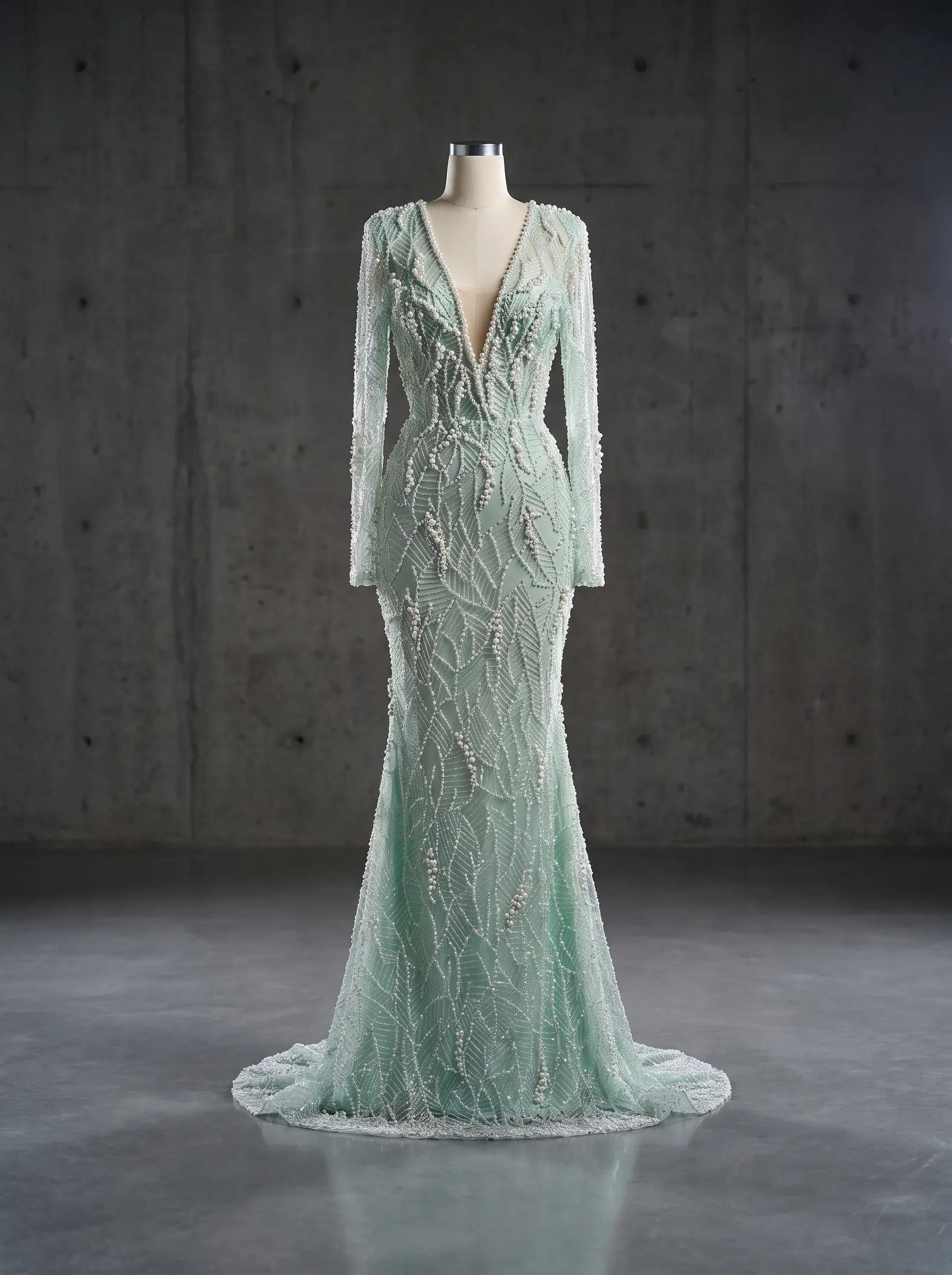 Mint Meadow mermaid gown, mannequin