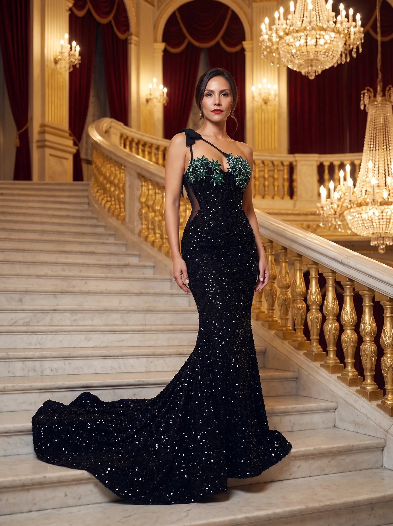 Black and emerald Garland mermaid gown occasion photograph