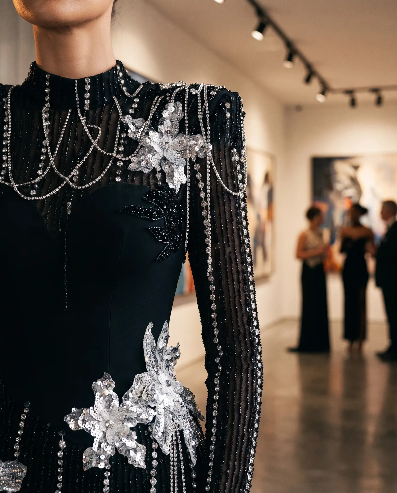Black and silver Midnight column gown occasion photograph