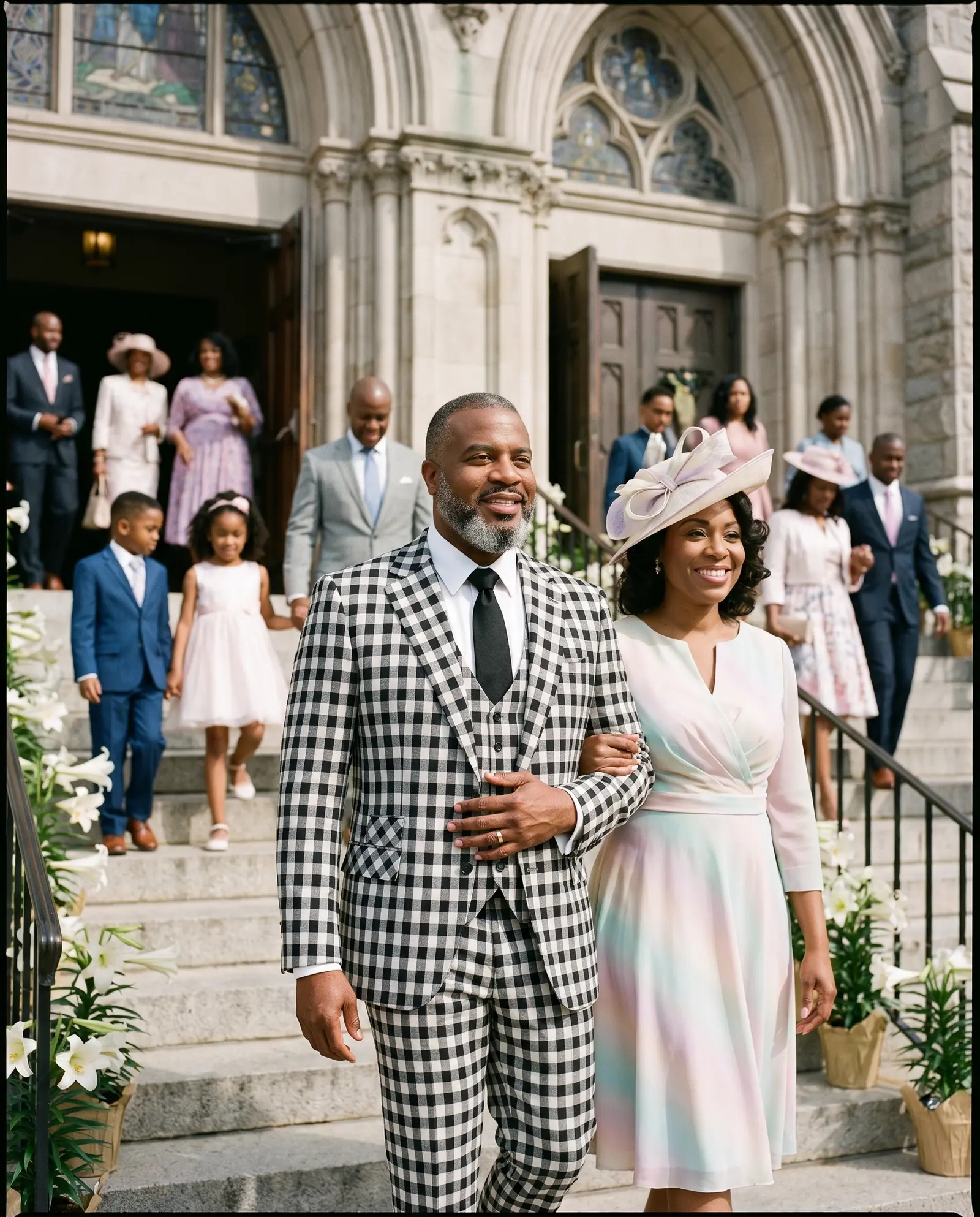Black and white gingham Joppa three piece suit occasion photograph