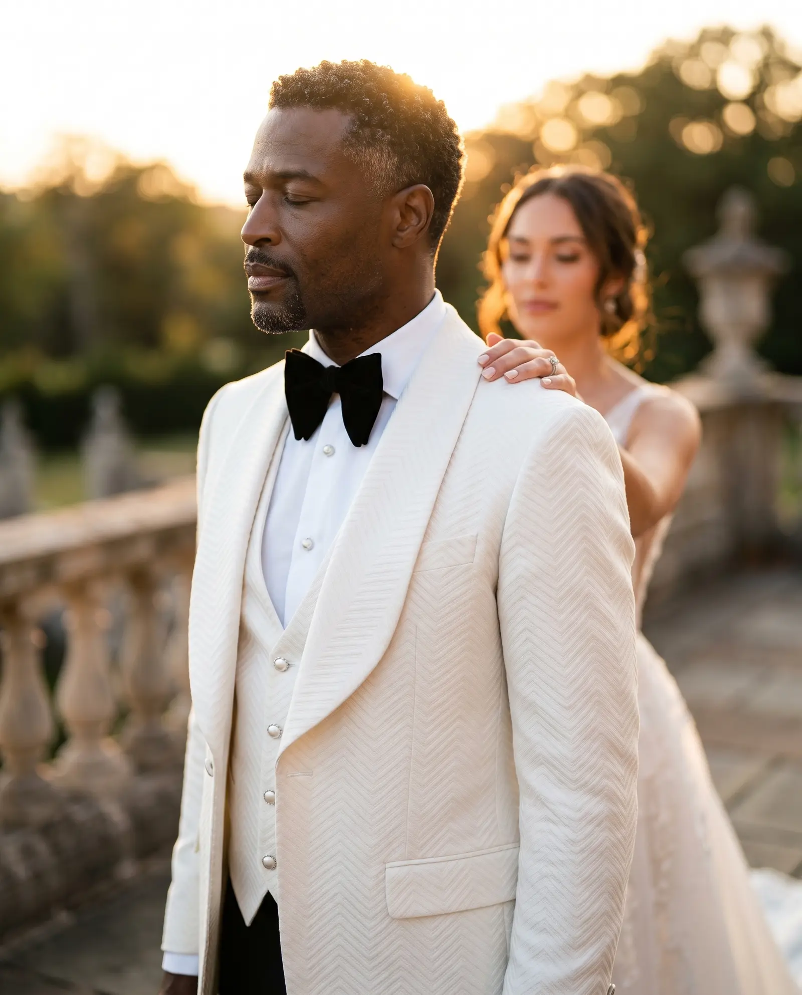 White chevron Stresa three piece tuxedo occasion photograph