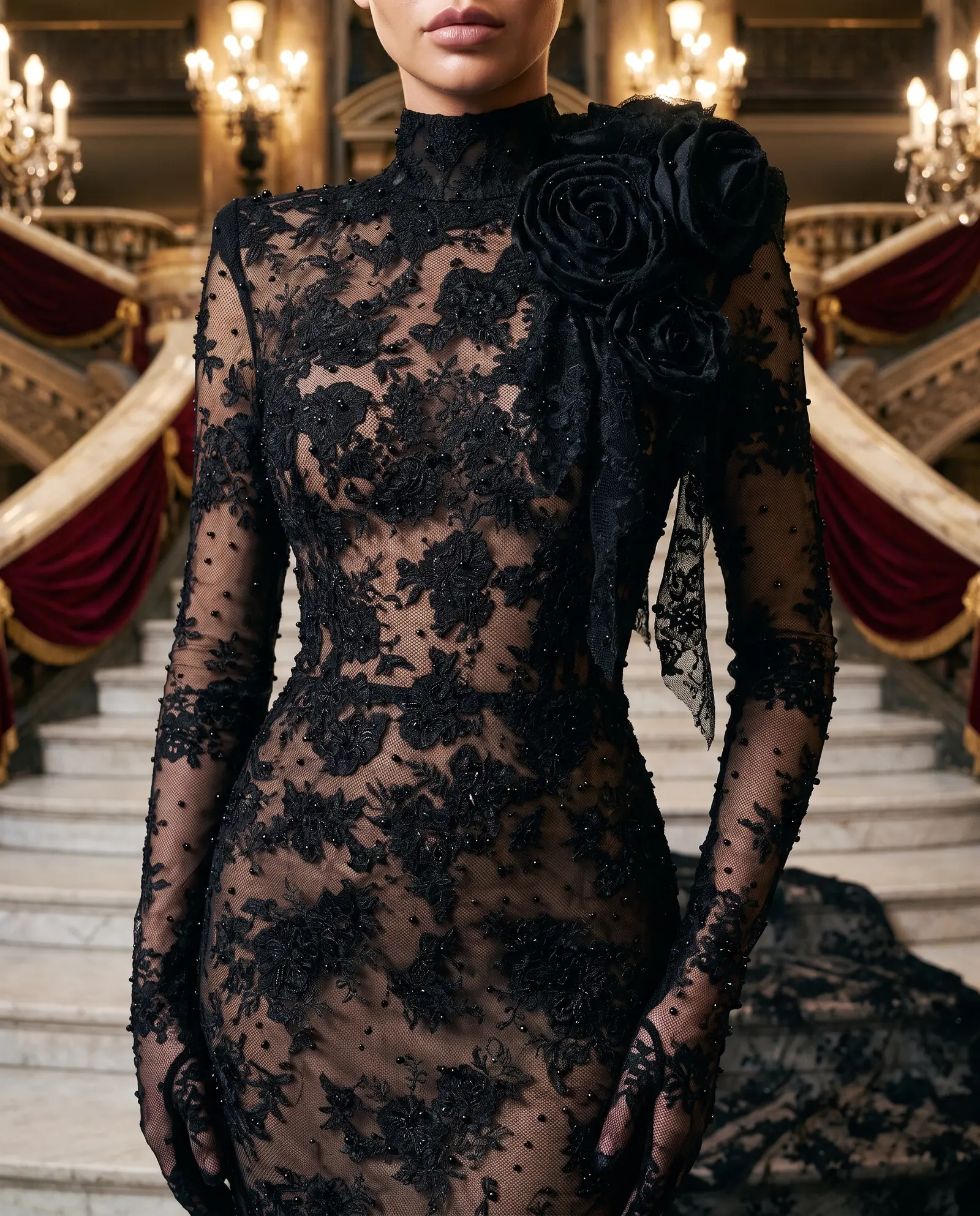 Black lace Noir mermaid gown occasion photograph