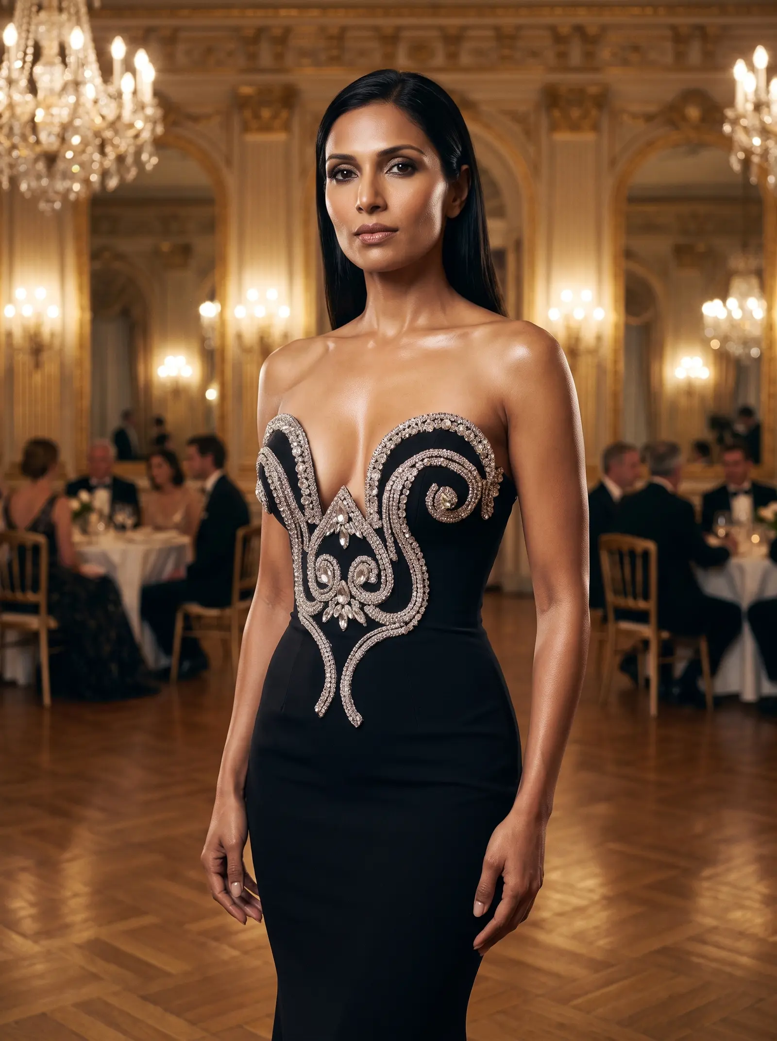 Black Filigree mermaid gown occasion photograph