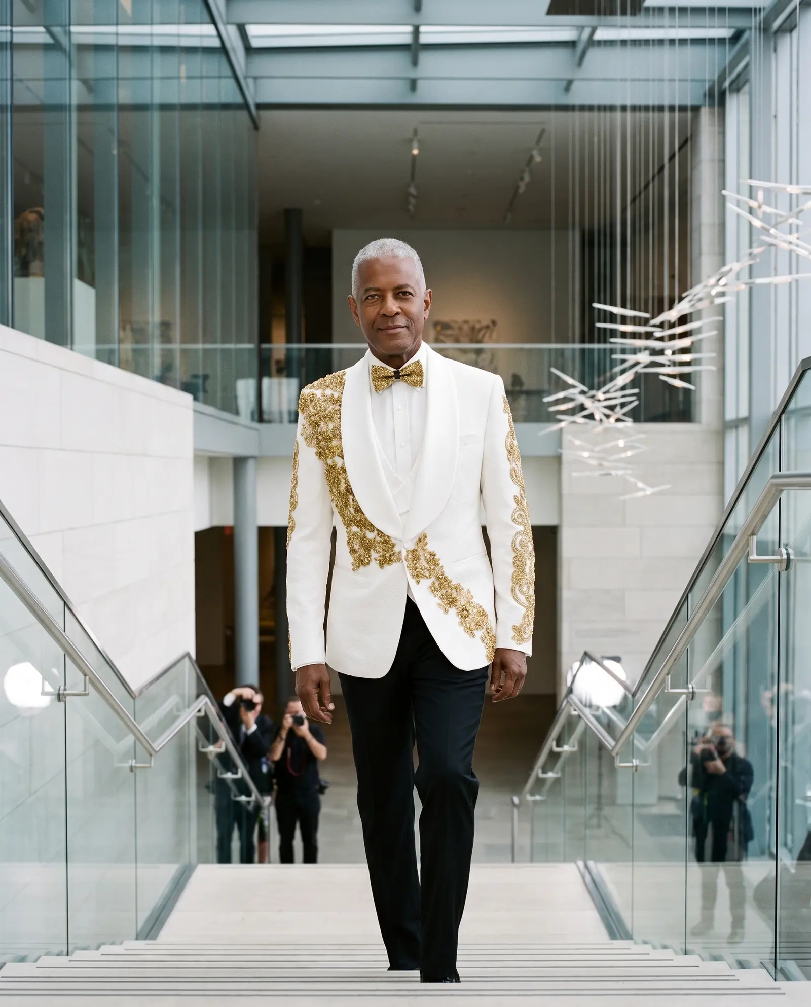 White and gold Cascade tuxedo