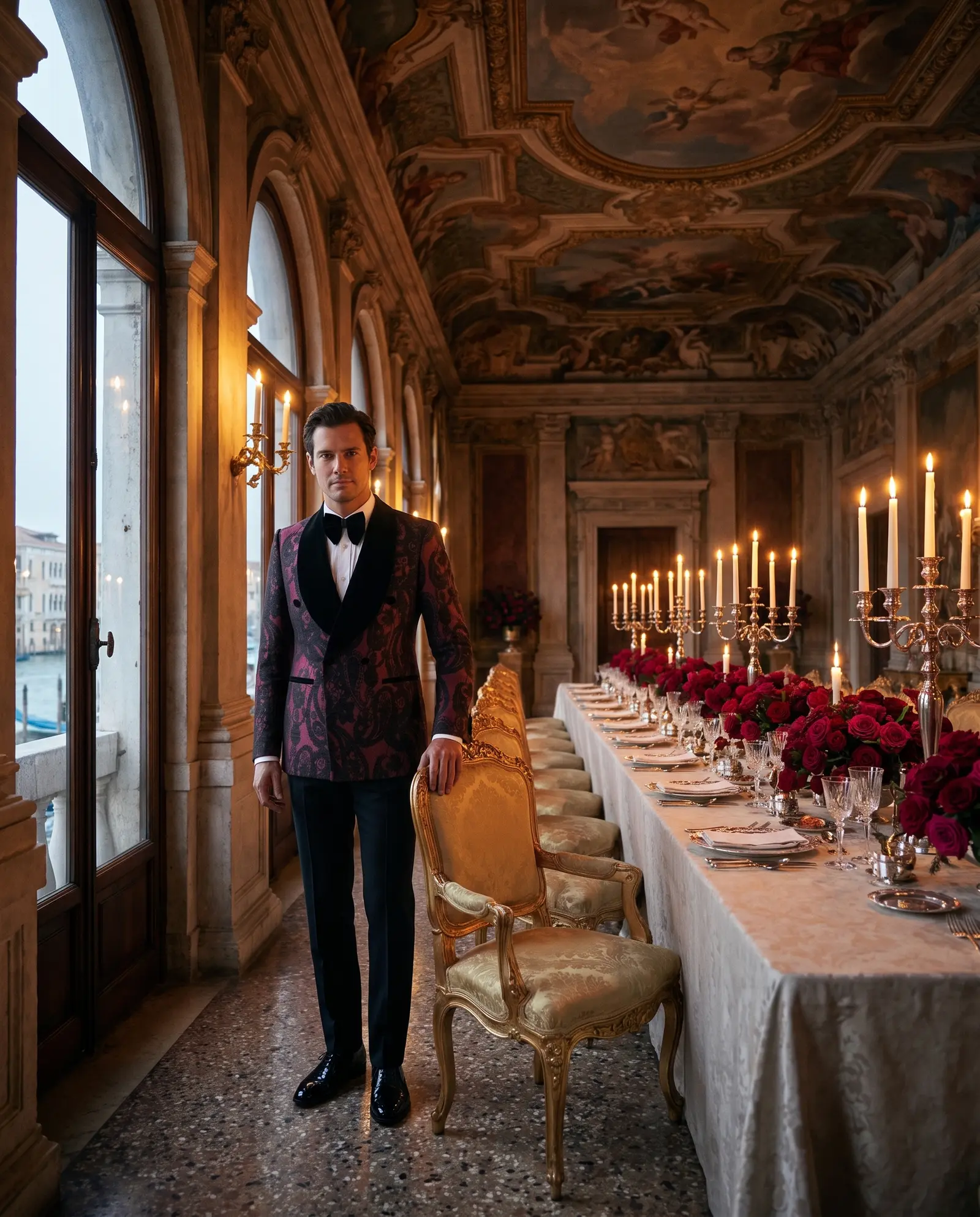 Wine paisley jacquard Medici three piece tuxedo occasion photograph