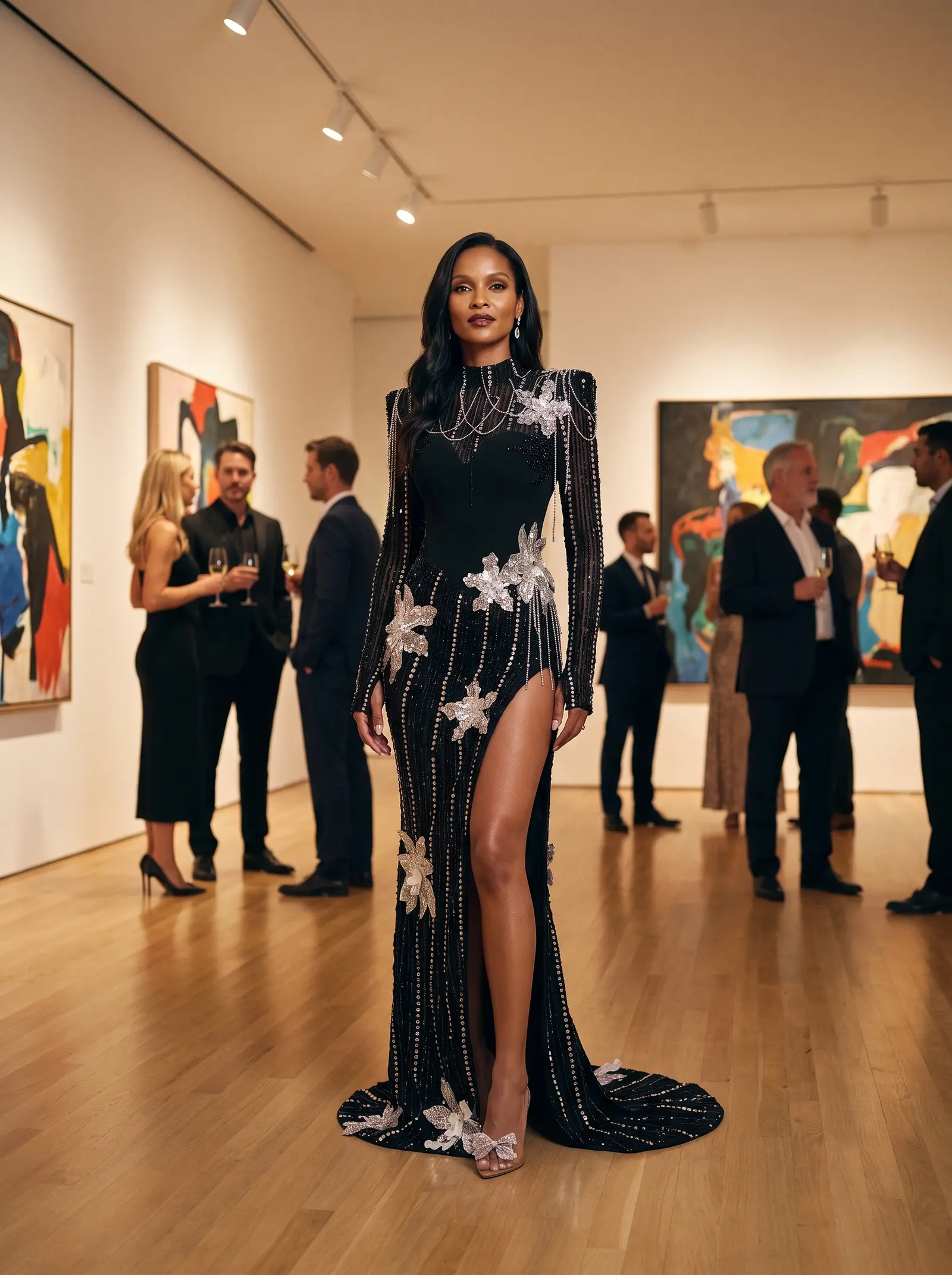 Black and silver Midnight column gown occasion photograph