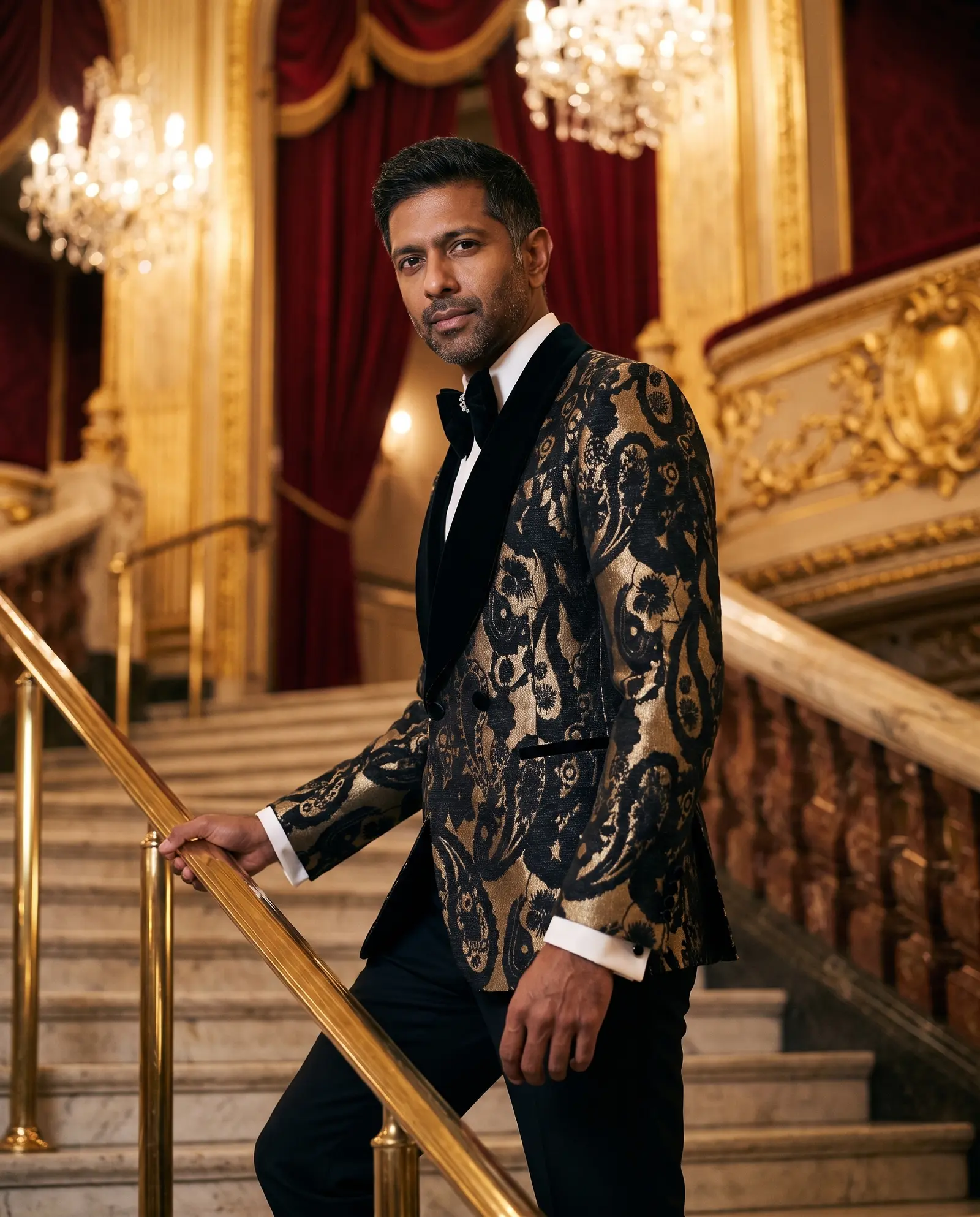 Black and gold paisley jacquard Medici three piece tuxedo occasion photograph