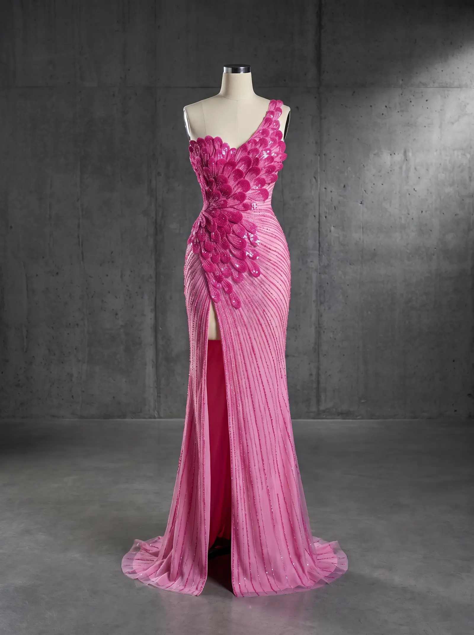 Fuchsia Plume gown, mannequin