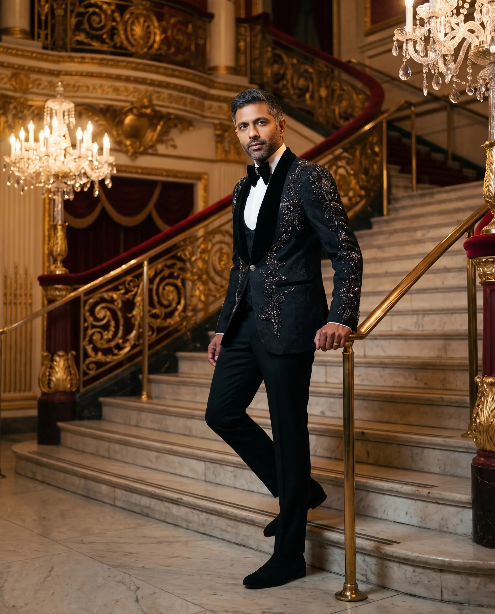 Black embroidered Voltage three piece tuxedo