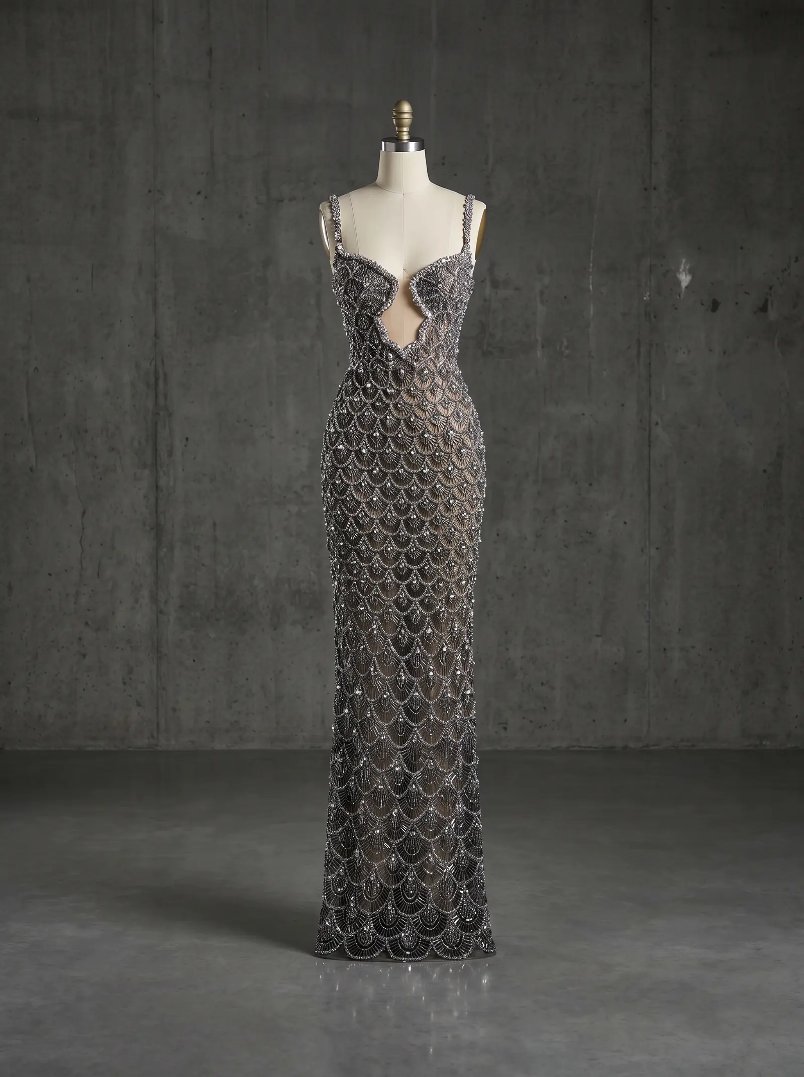 Pewter Mirage column gown, mannequin