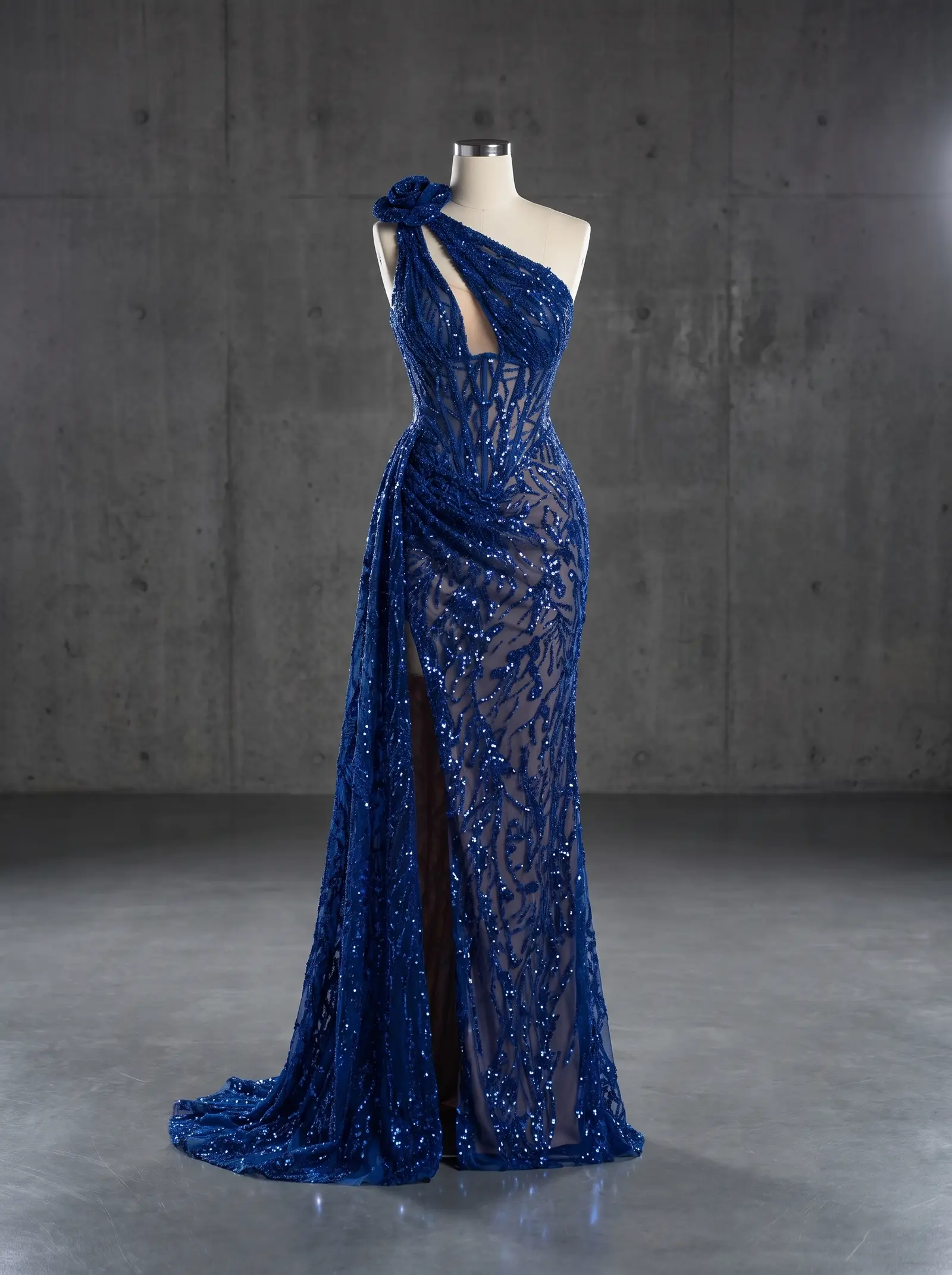 Royal blue Rosette gown, mannequin
