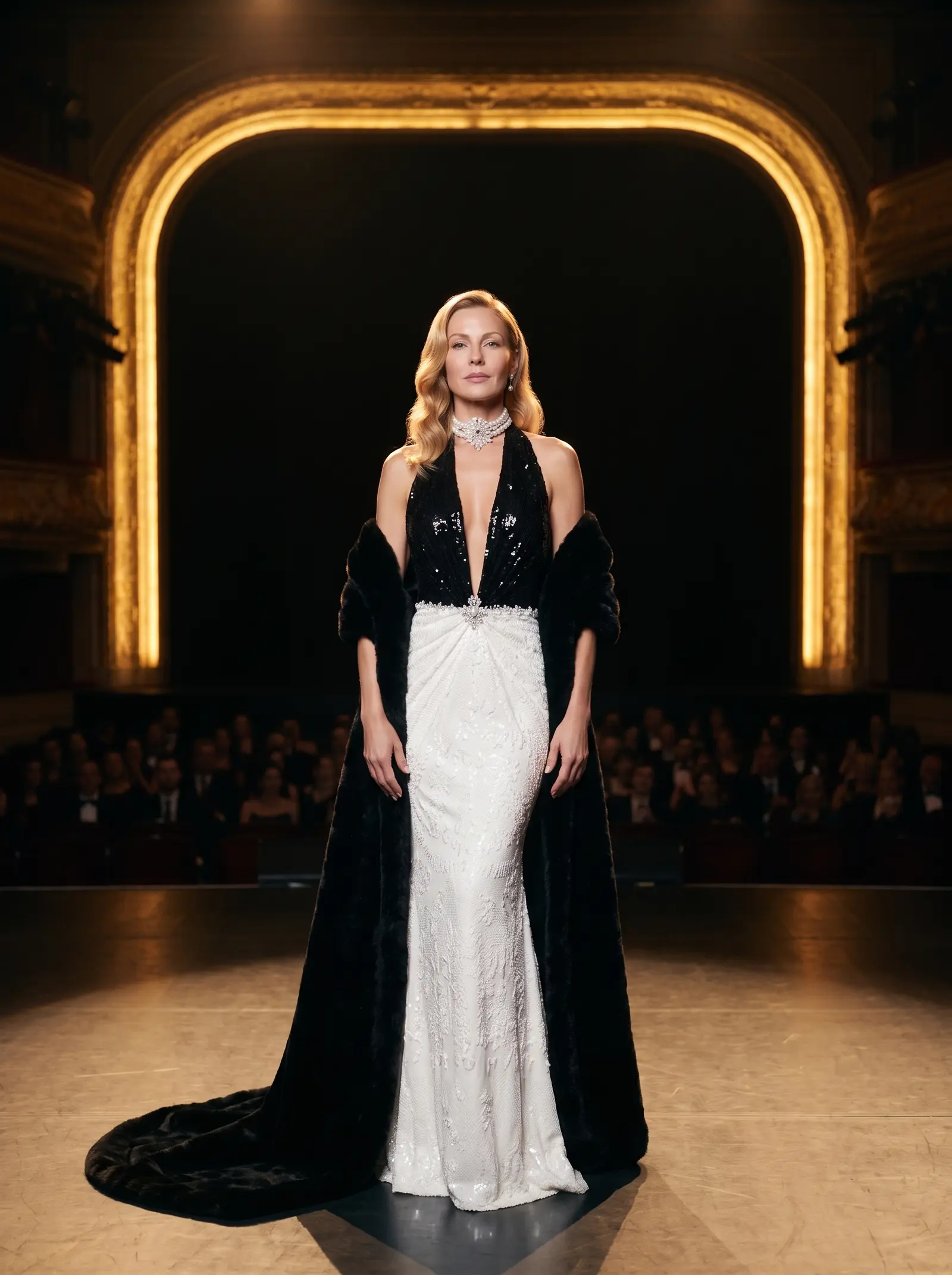 Black and ivory Duchess mermaid gown occasion photograph