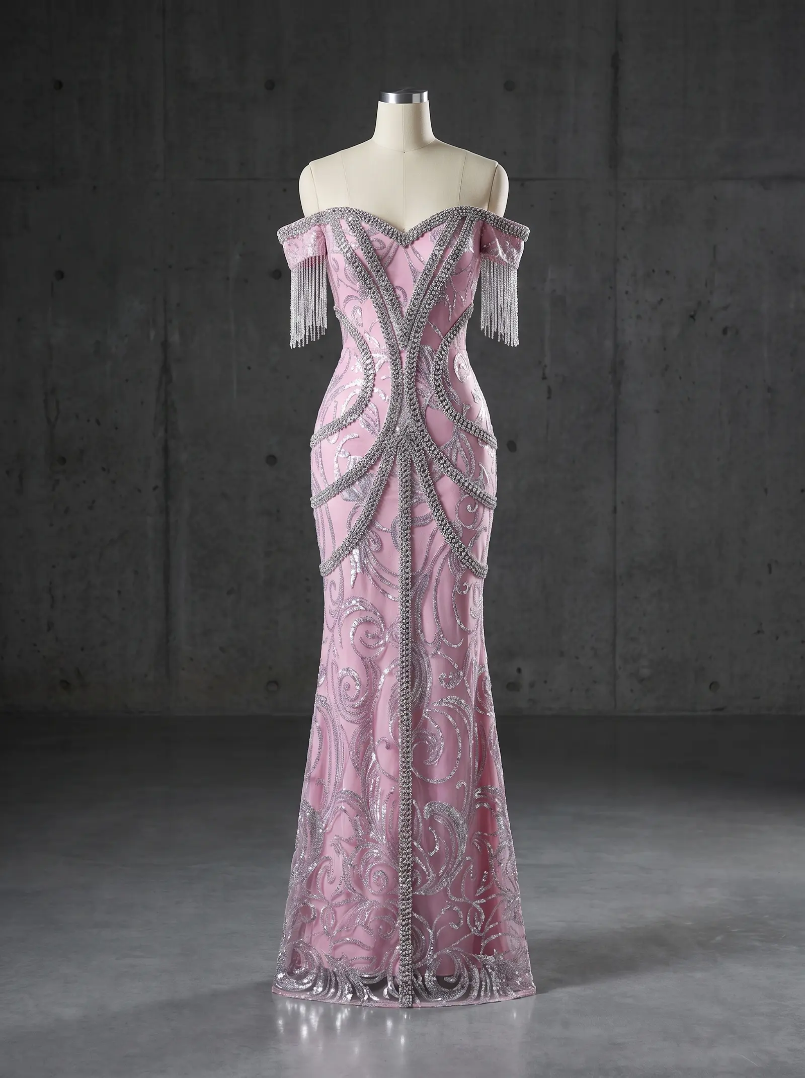 Pink Hourglass column gown, mannequin
