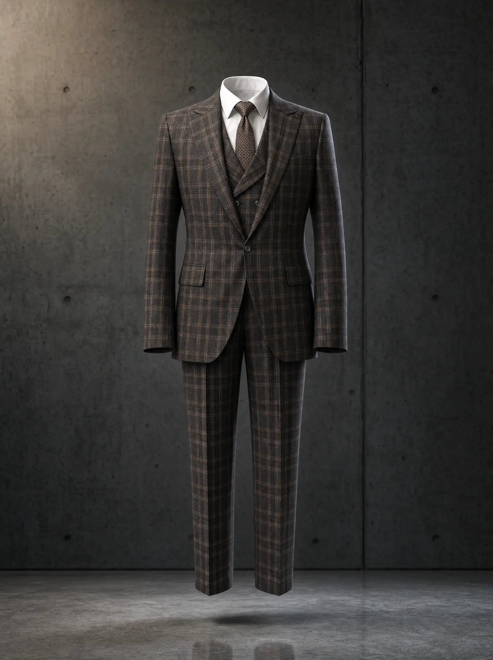 Dark brown plaid Thornton three piece suit, ghost