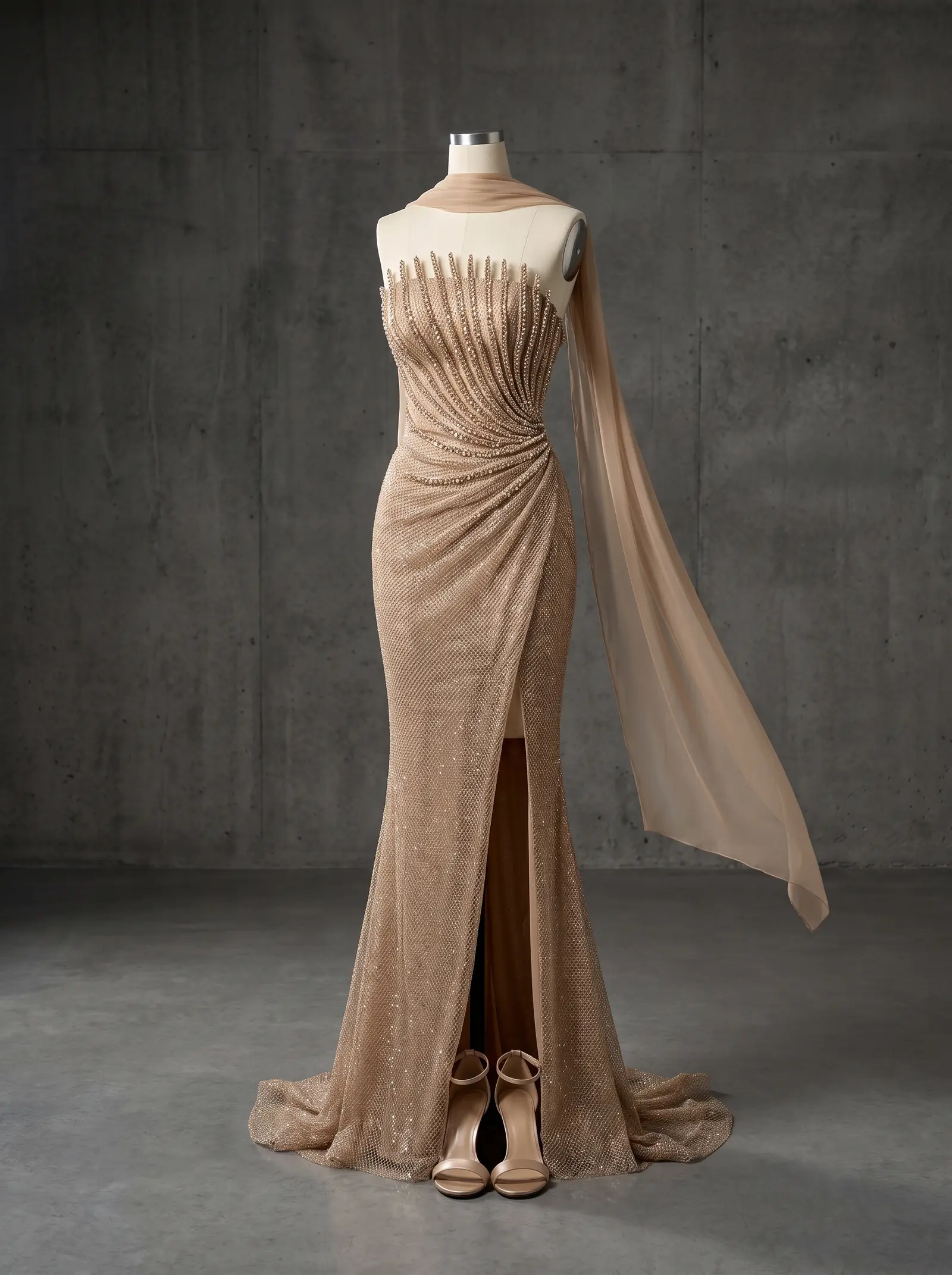 Champagne Radiance mermaid gown, mannequin