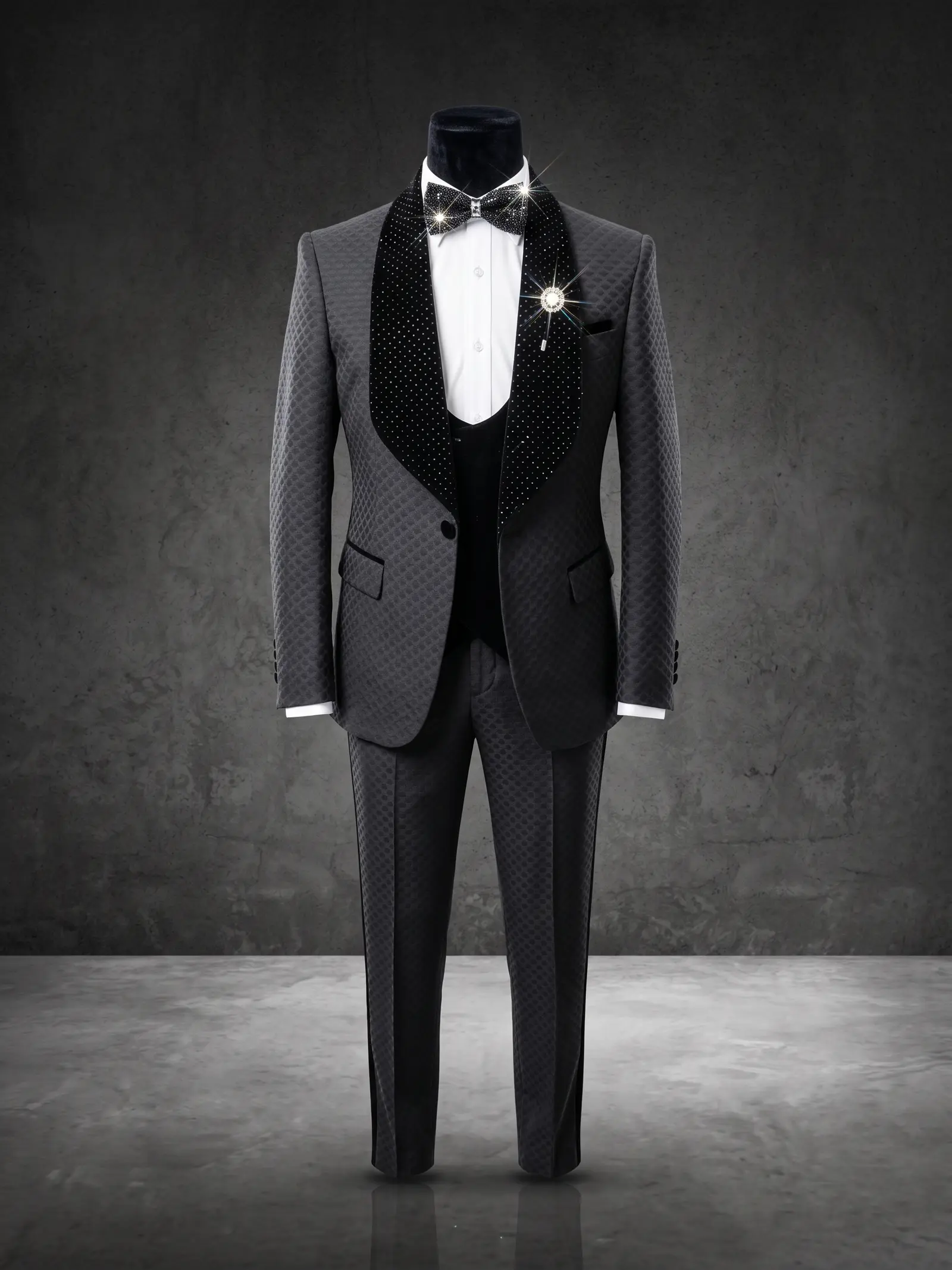 Charcoal quilted Ascot three piece tuxedo
