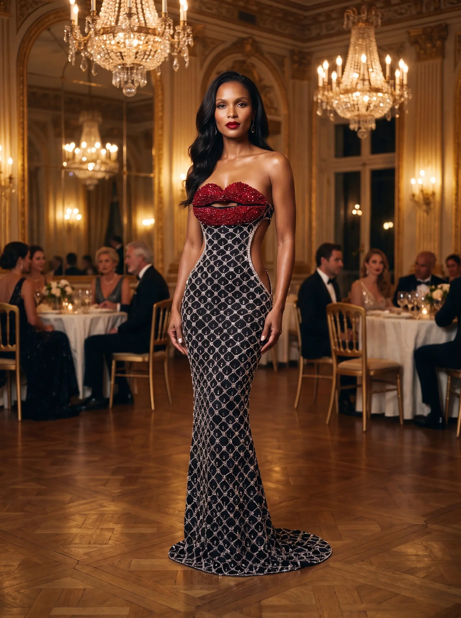 Black and ruby Kiss column gown occasion photograph