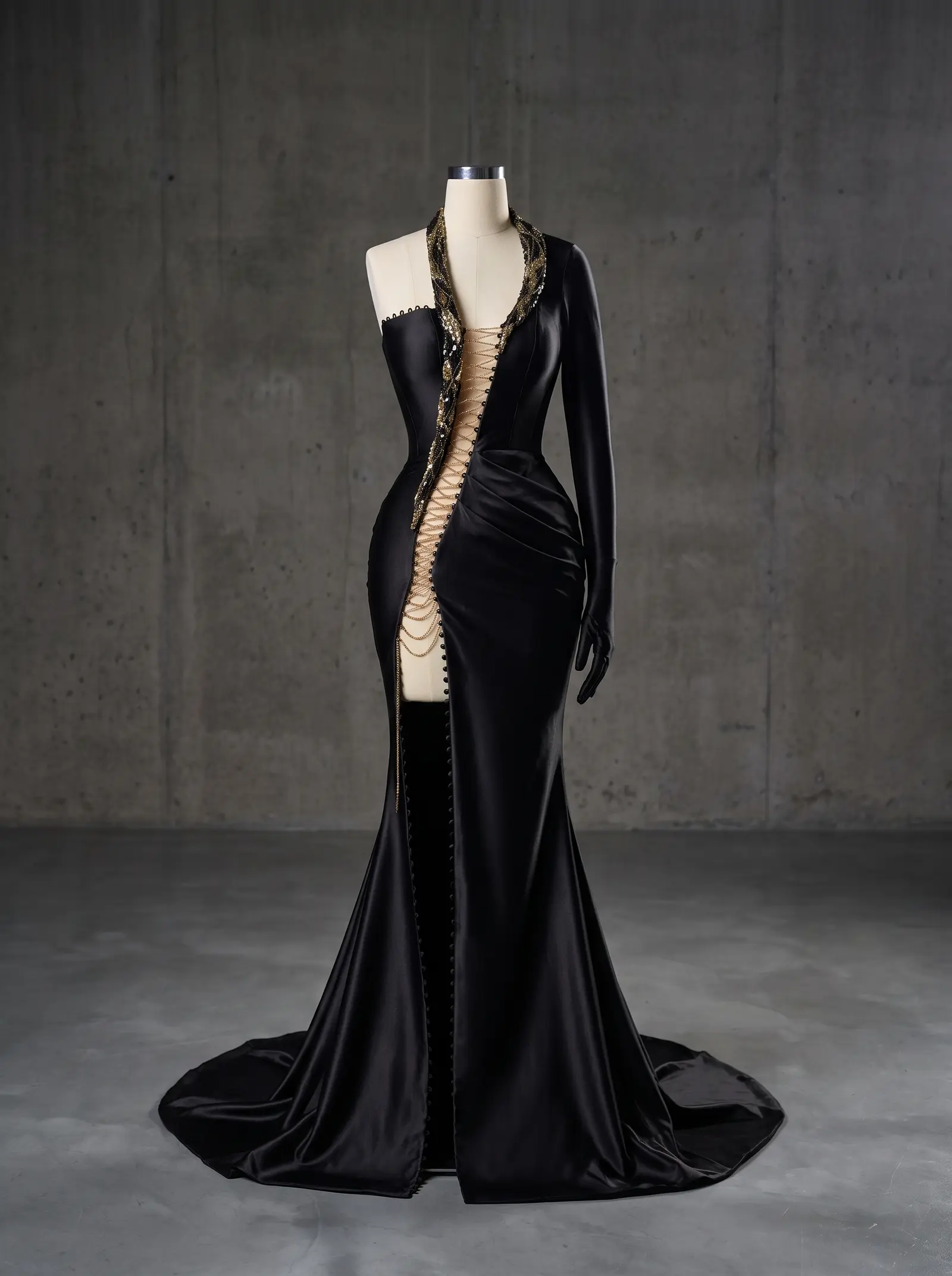 Black and gold Tether mermaid gown, mannequin