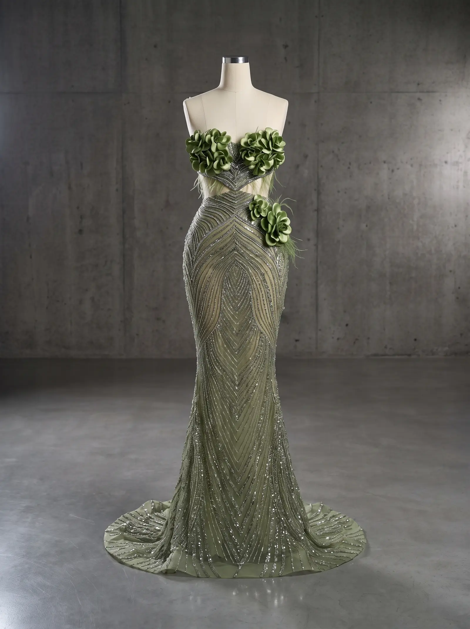 Sage and silver Bloom mermaid gown, mannequin