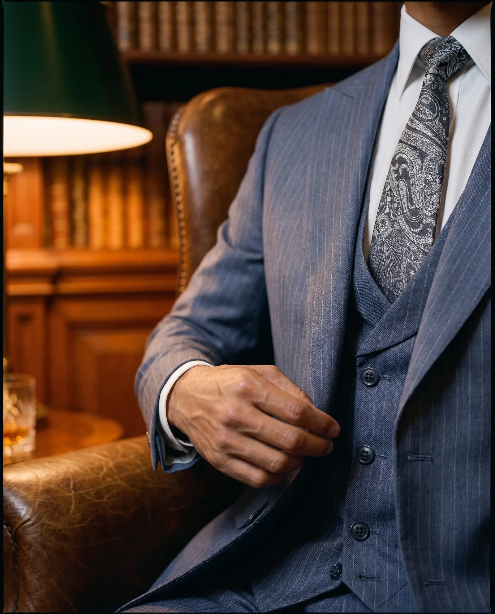 Slate pinstripe Sterling three piece suit occasion photograph